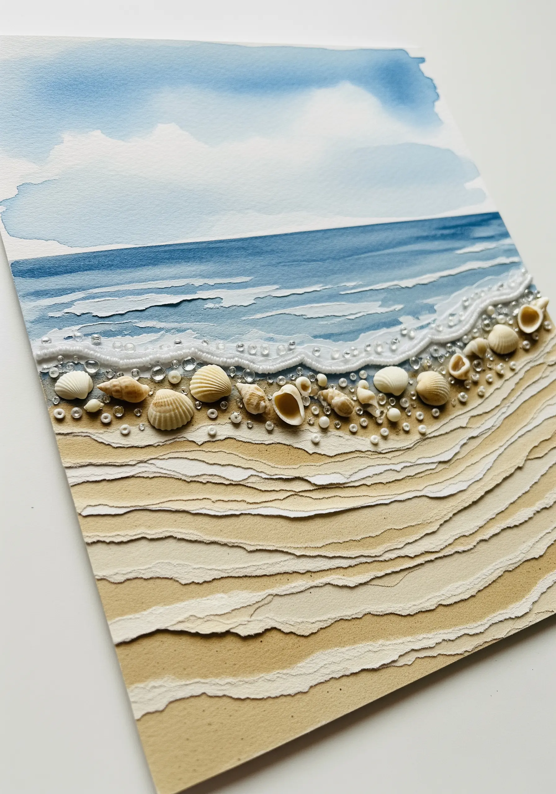 A beach scene made with layered paper for sand, watercolor for the sea, and tiny shells and beads.