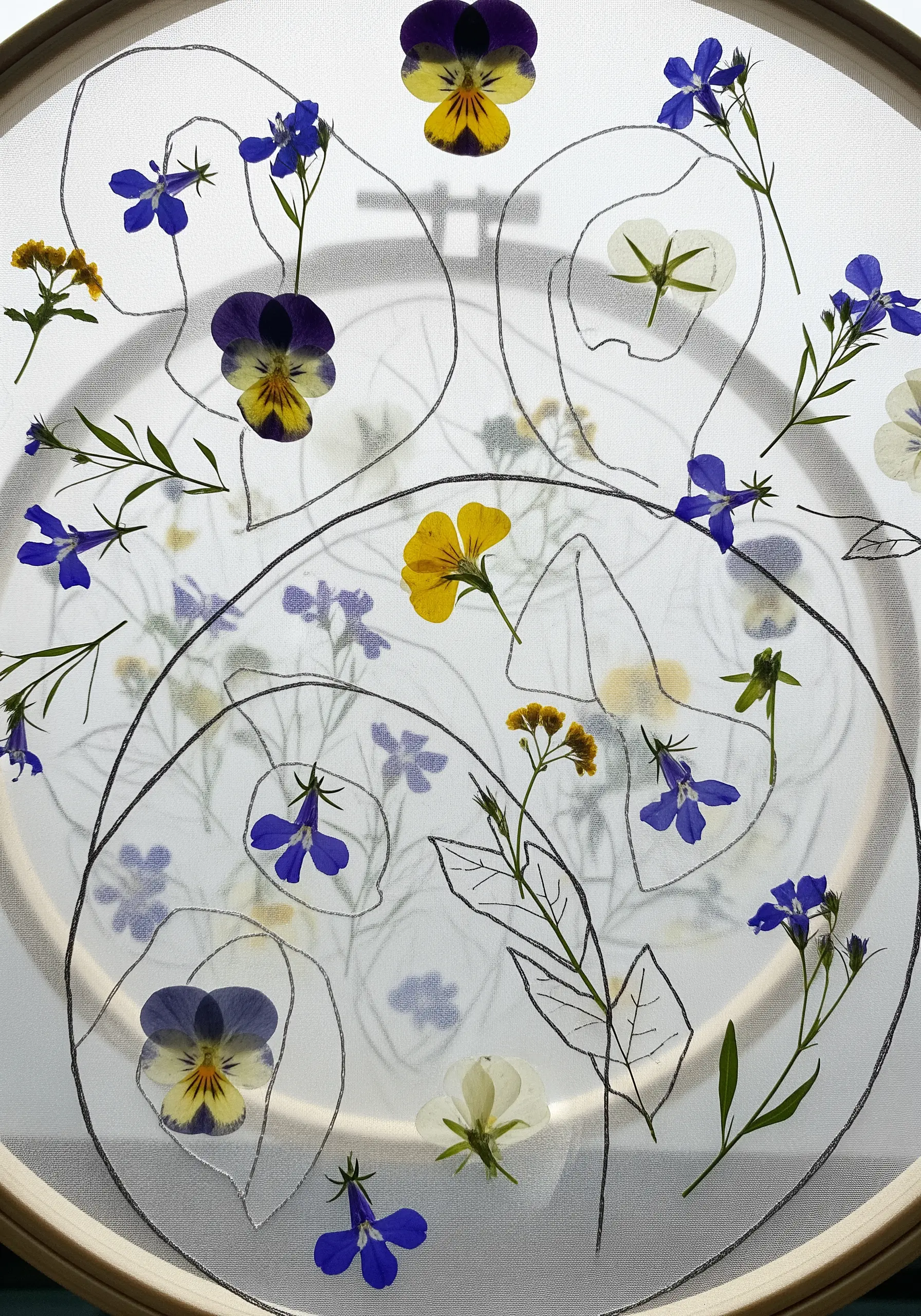 Pressed pansies and wildflowers arranged on sheer fabric inside a hoop, with black line art.