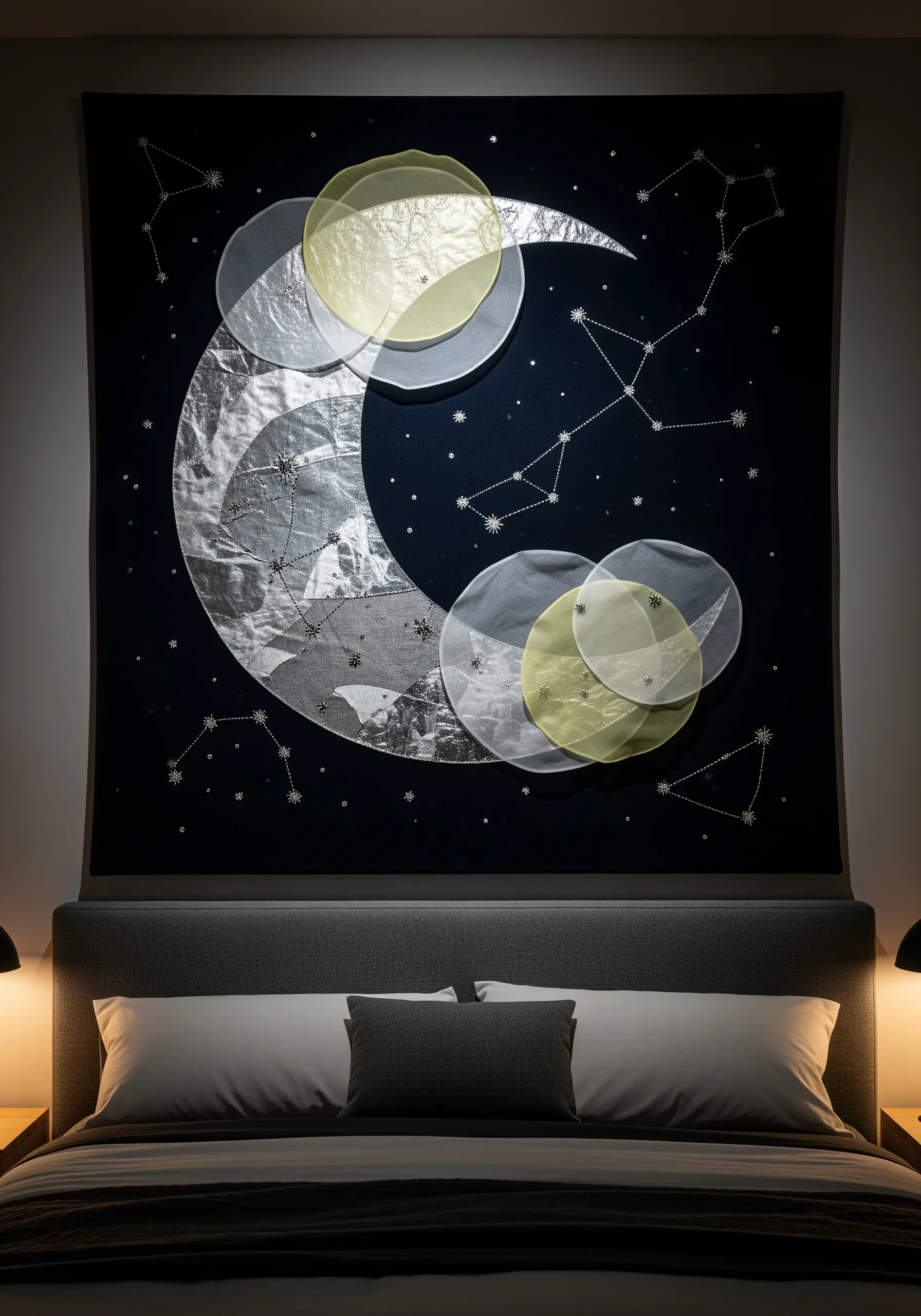 A large wall tapestry of a crescent moon made with silver and sheer organza fabrics on a dark background.