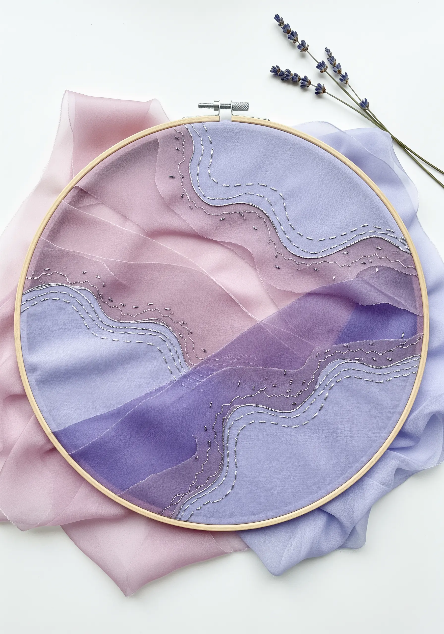 Flowing layers of lavender and pink sheer fabric in an oval hoop, accented with silver bead embroidery.