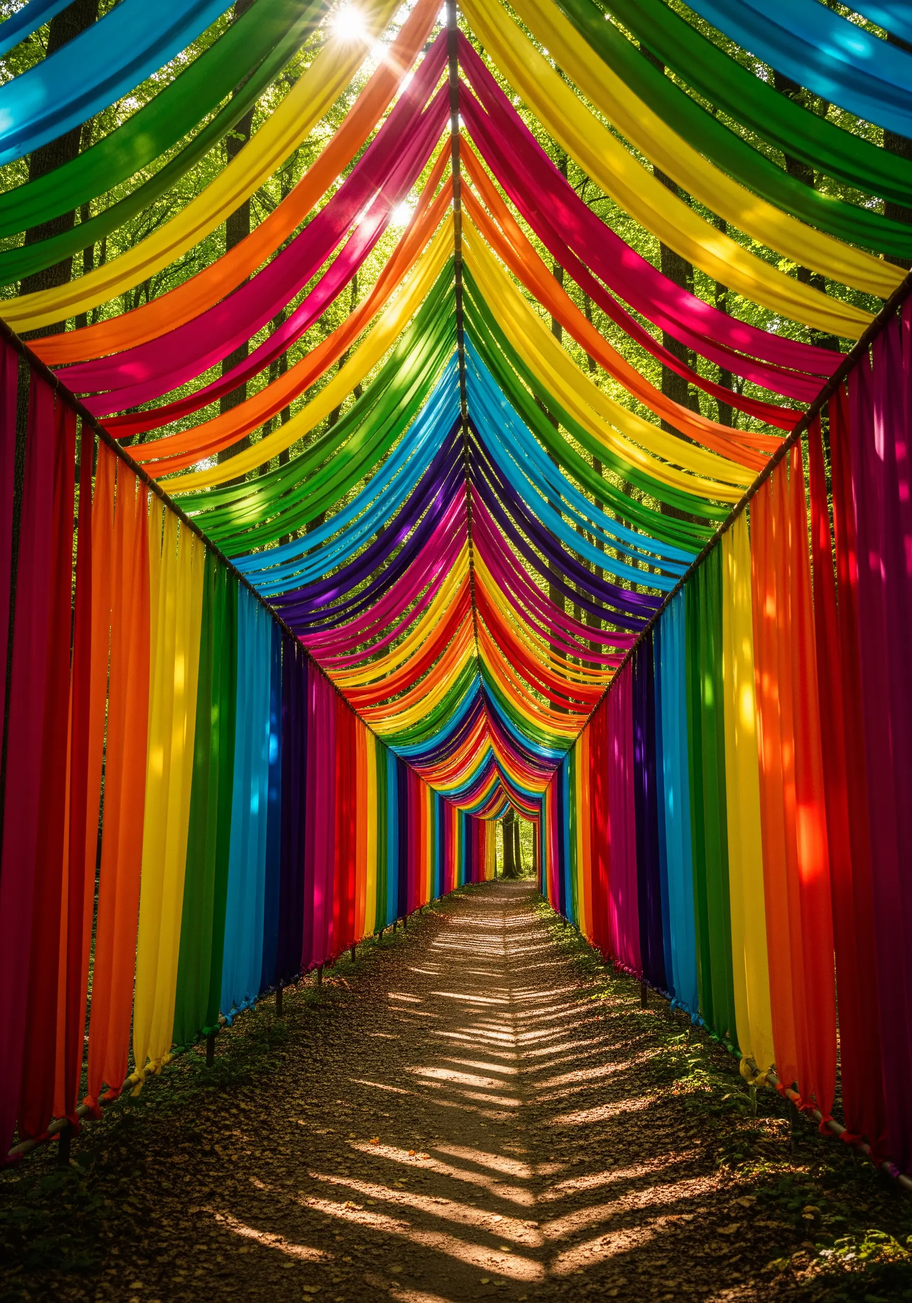 A long outdoor tunnel made from hanging rainbow-colored sheer fabric strips.