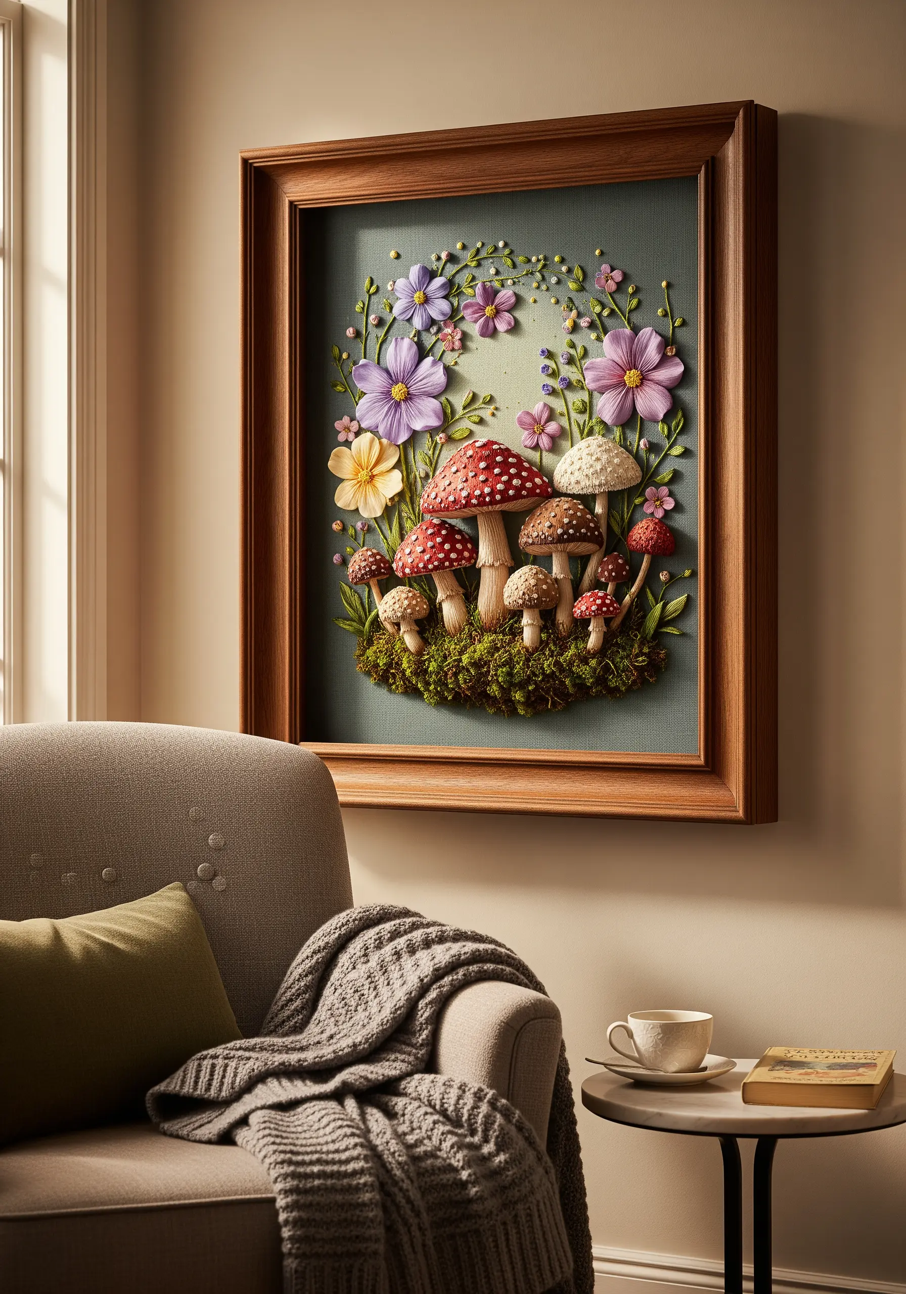 A 3D embroidered scene of mushrooms and flowers with highly textured, raised stitches.