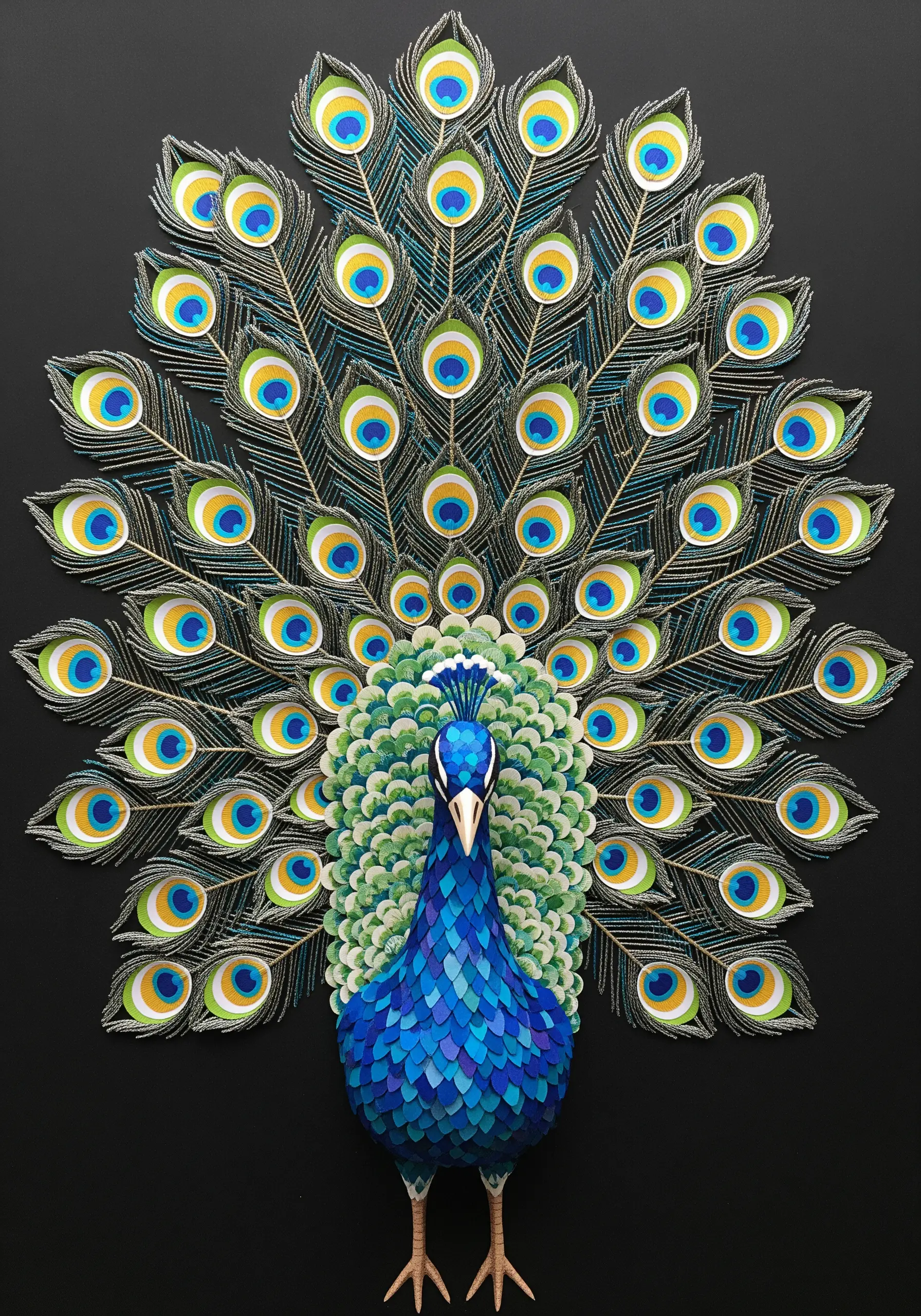 An incredibly detailed paper collage of a peacock with its tail feathers fanned out.
