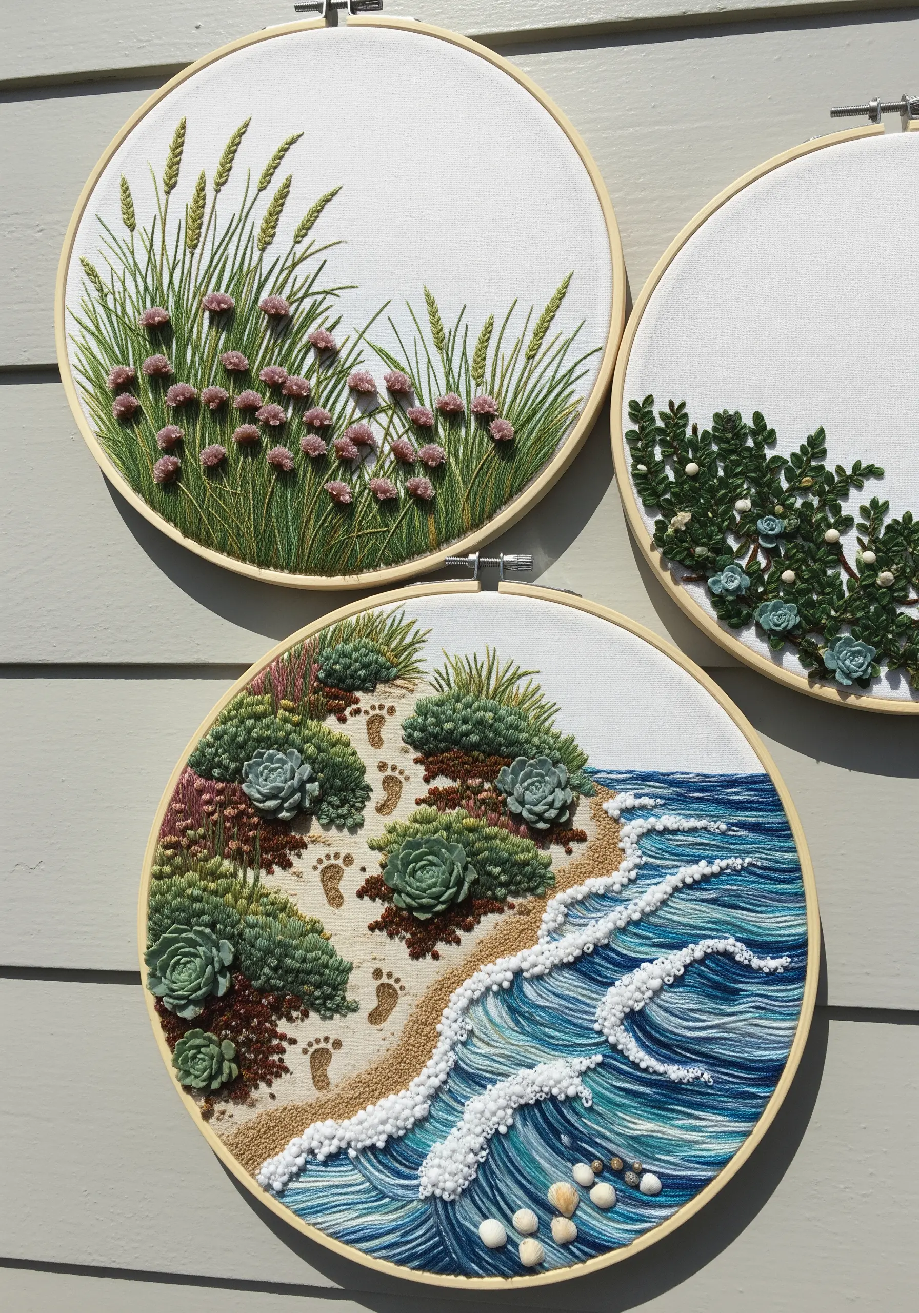 A coastal scene triptych with succulents, beach grass, and textured ocean waves.