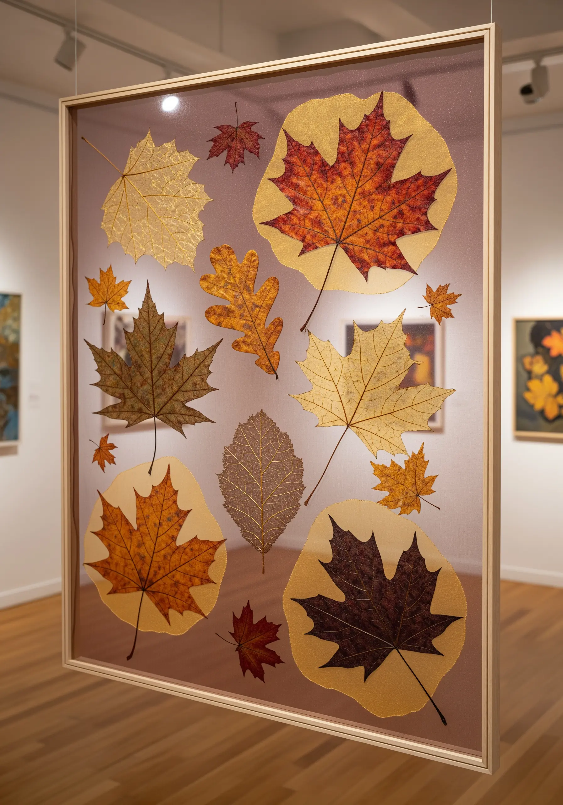 Embroidered autumn leaves on sheer fabric, framed to create a floating, translucent effect.