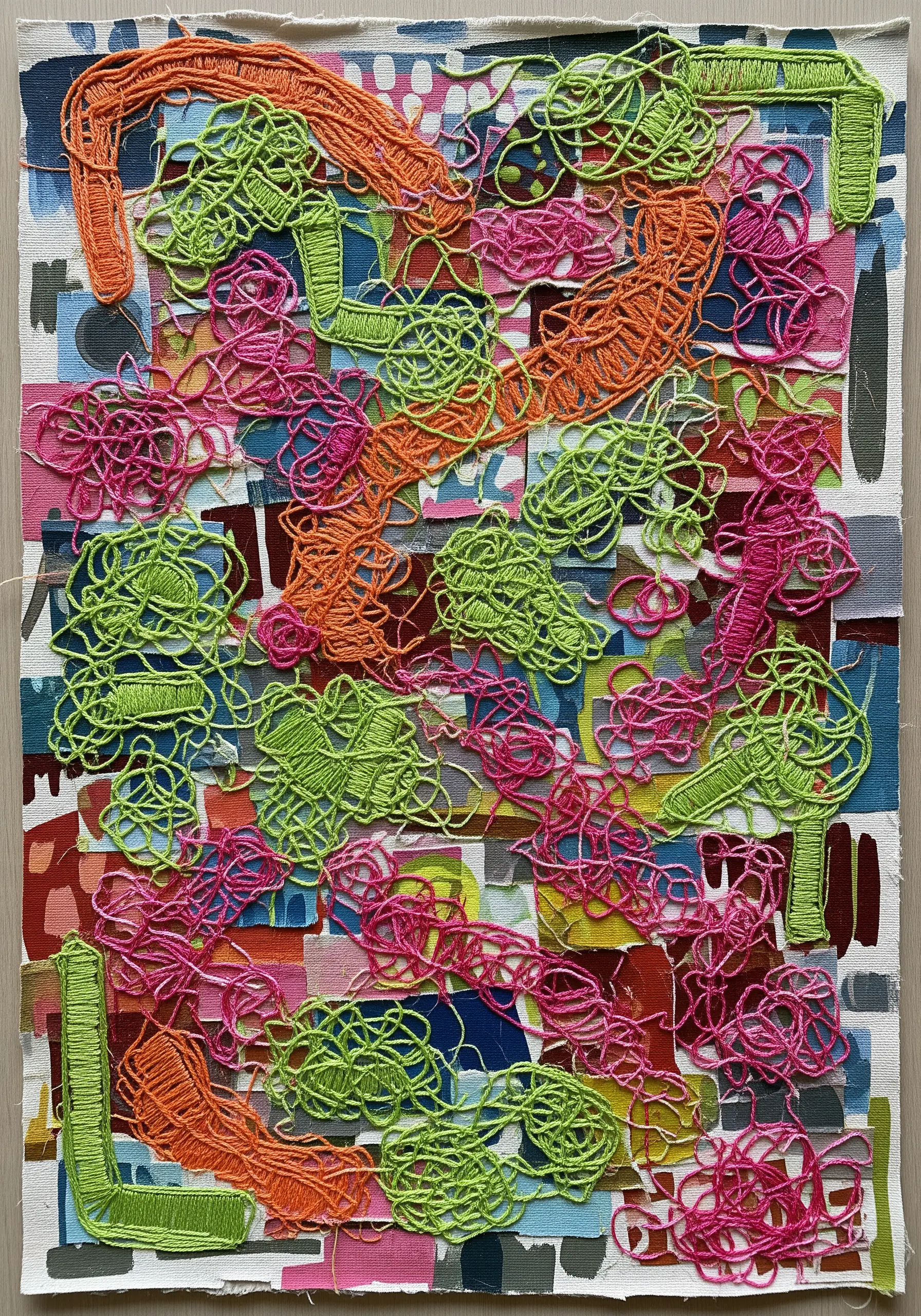 Chaotic lime green, pink, and orange yarn stitched over a colorful, abstract painted canvas