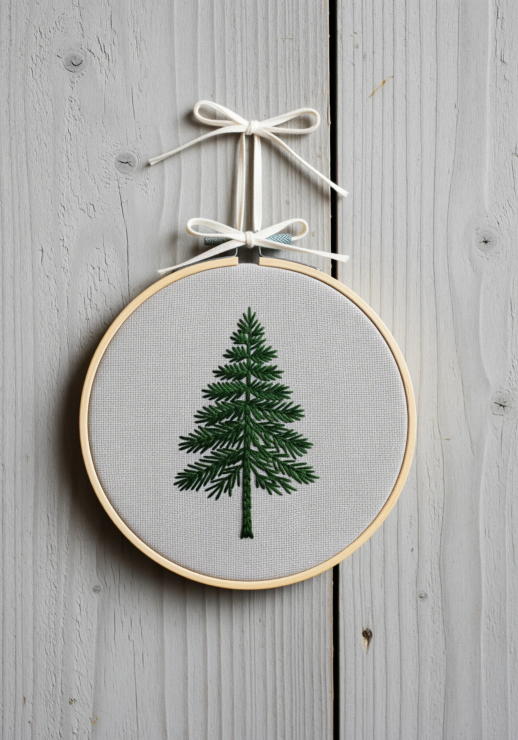 A pine tree embroidered with layered green stitches on light grey fabric.