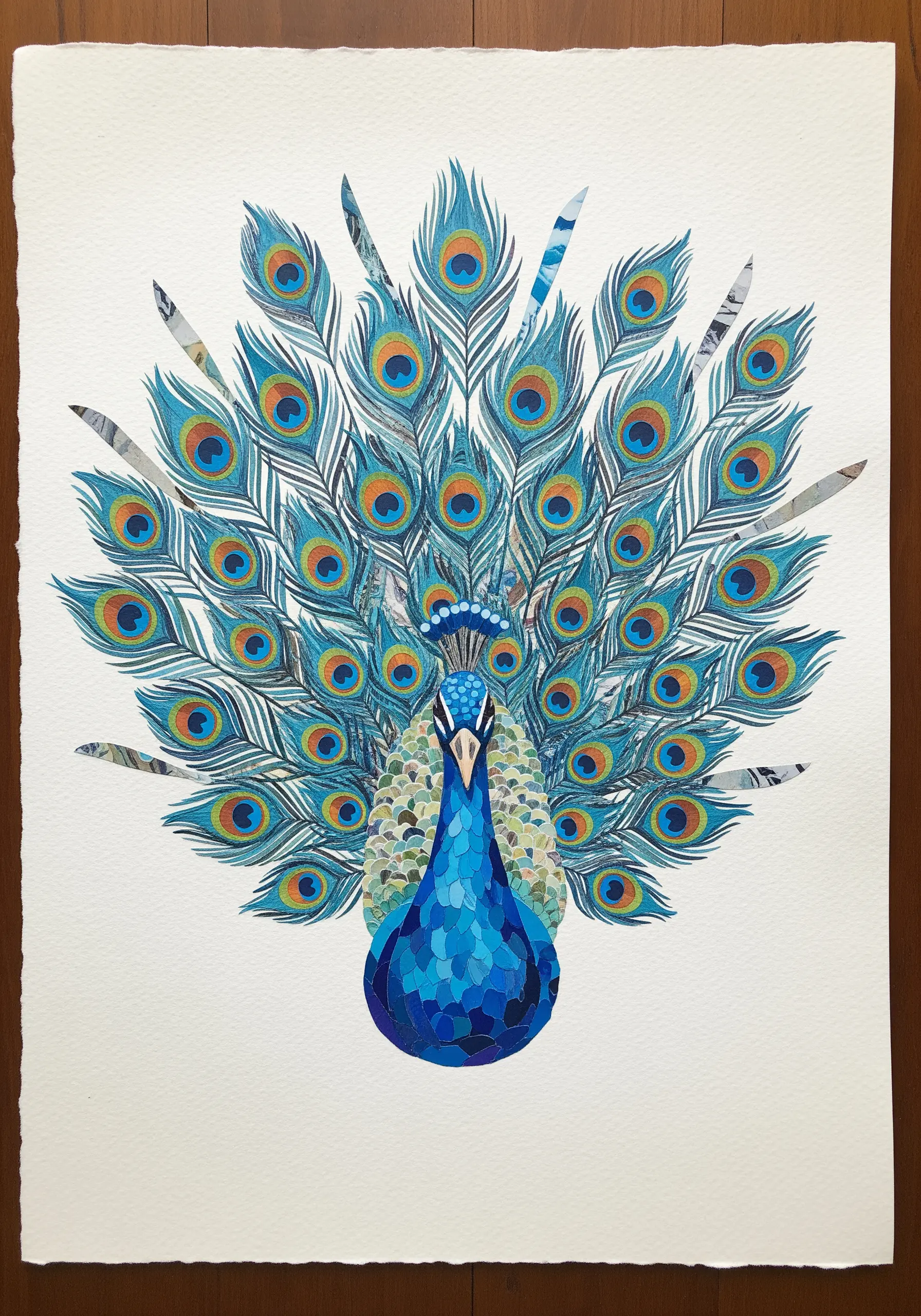 An intricate paper collage of a peacock with its tail feathers fanned out.