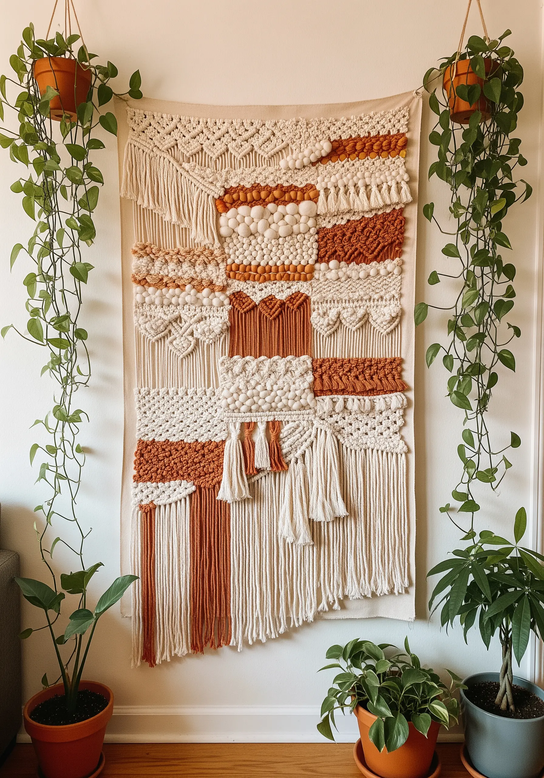 A large, boho-style woven wall hanging with terracotta and cream yarns and tassels.