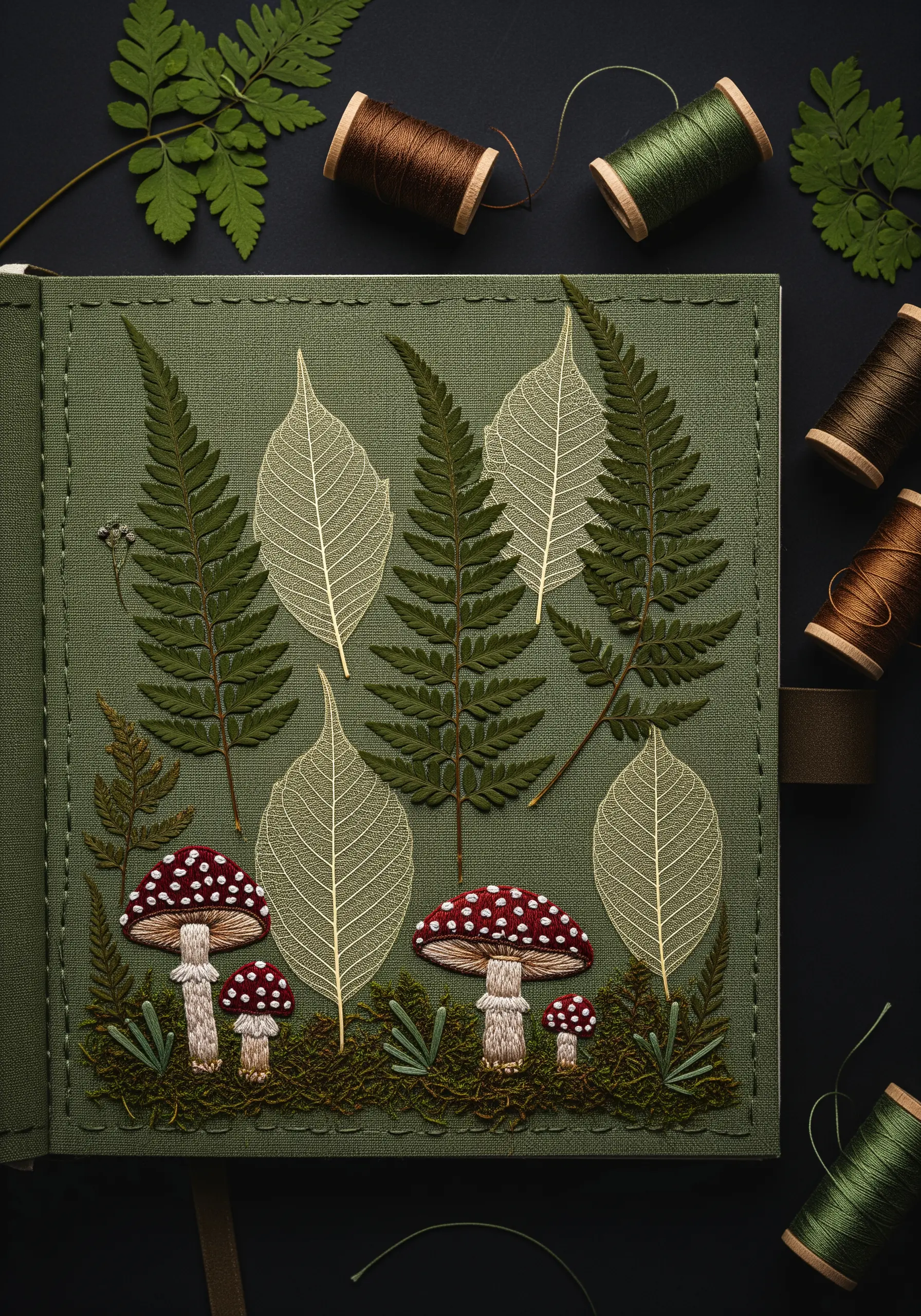 A woodland scene with pressed ferns, skeleton leaves, and embroidered mushrooms.