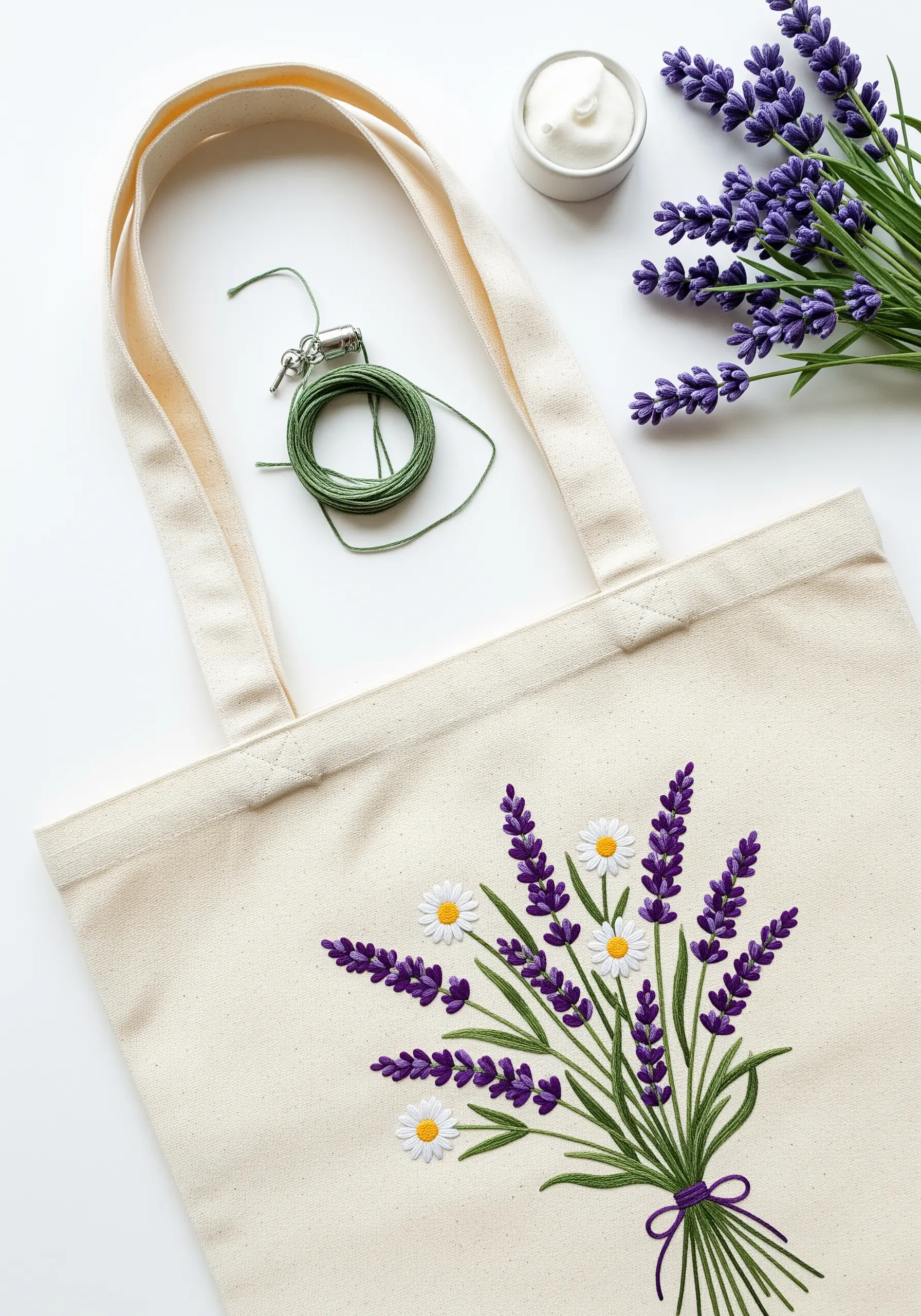 Embroidered lavender and daisy bouquet on a natural canvas tote bag.