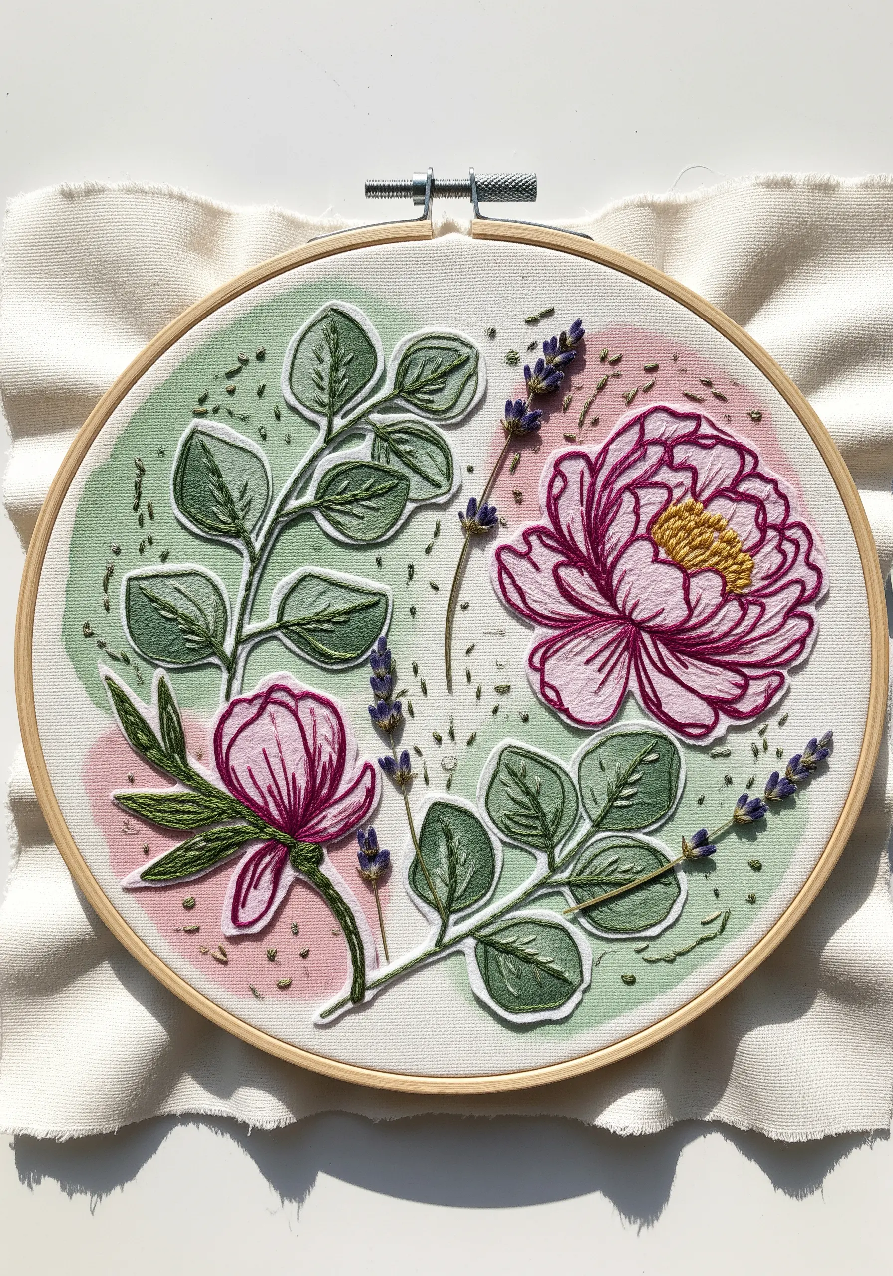 Embroidery hoop with pink and green watercolor background, stitched floral appliqués, and dried lavender.