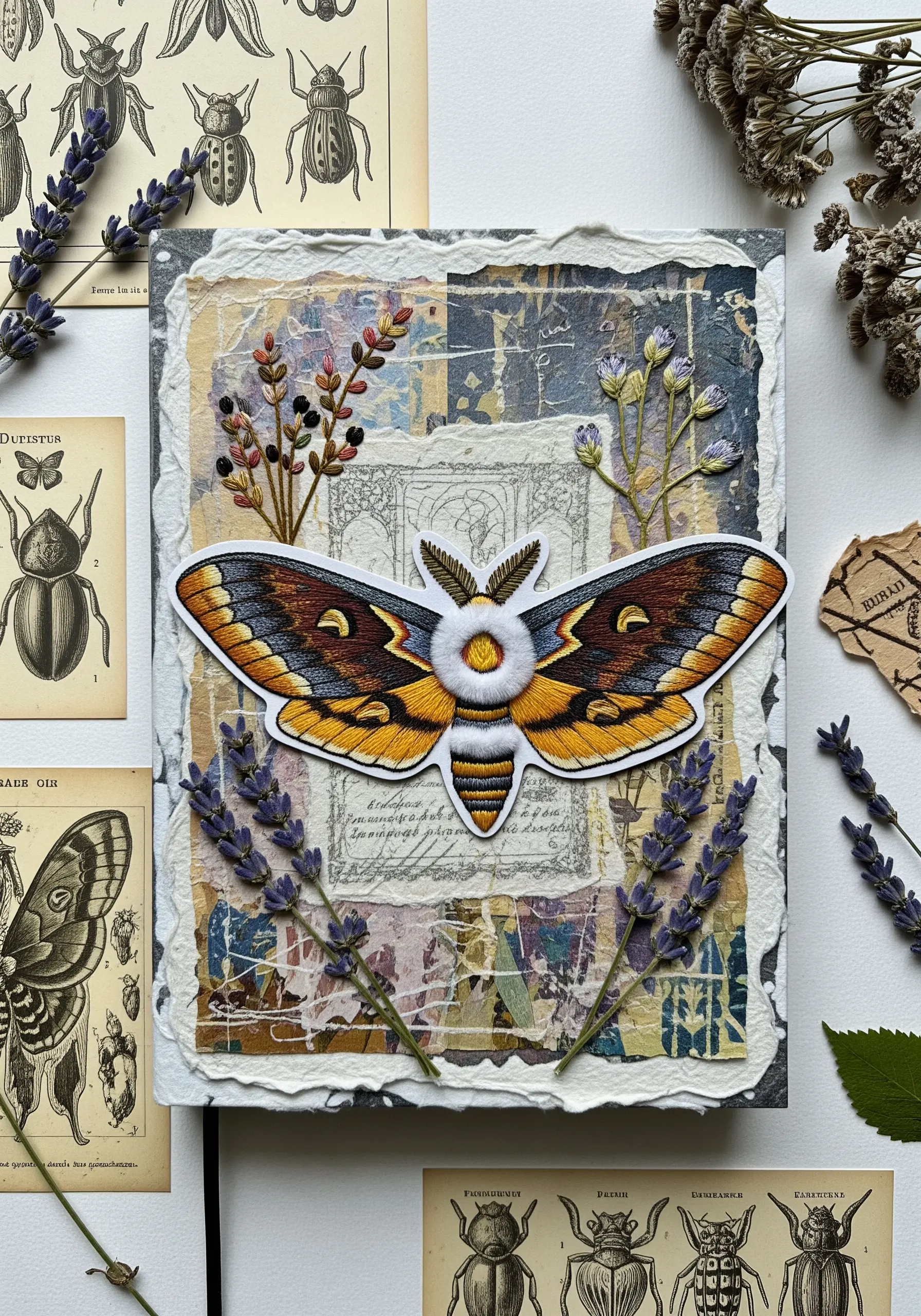 Embroidered moth on a collage of paper, with added stitched branches and pressed lavender.