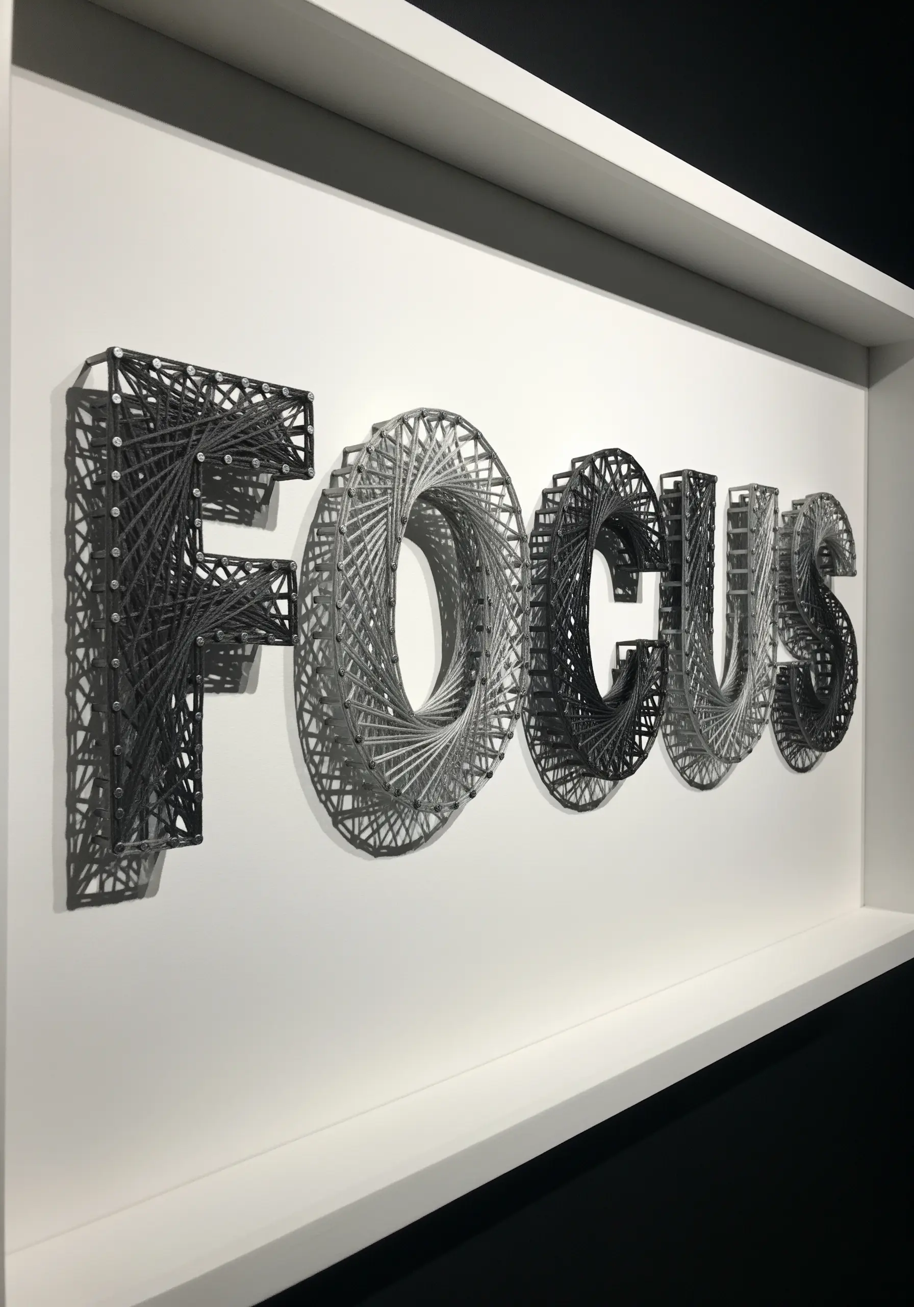 Grey scale 3D string art spelling FOCUS with deep layering