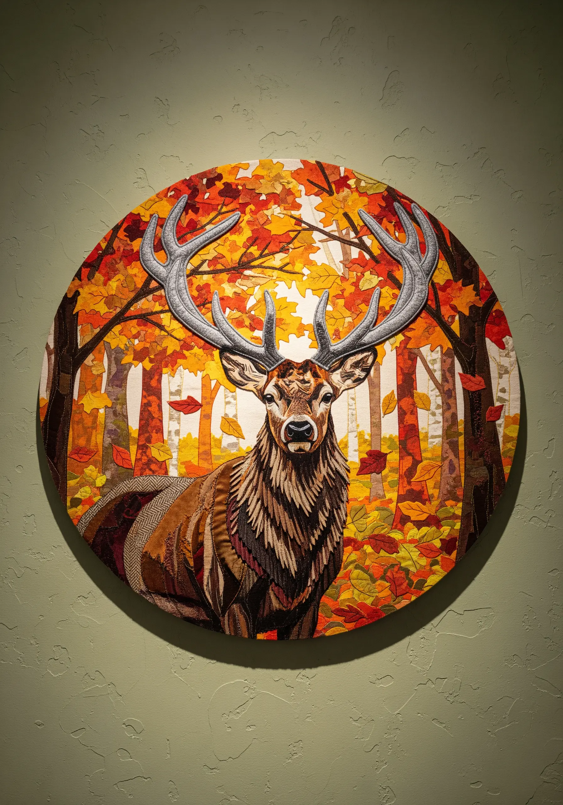 Fabric collage deer with layered textile scraps creating fur and autumn leaves.