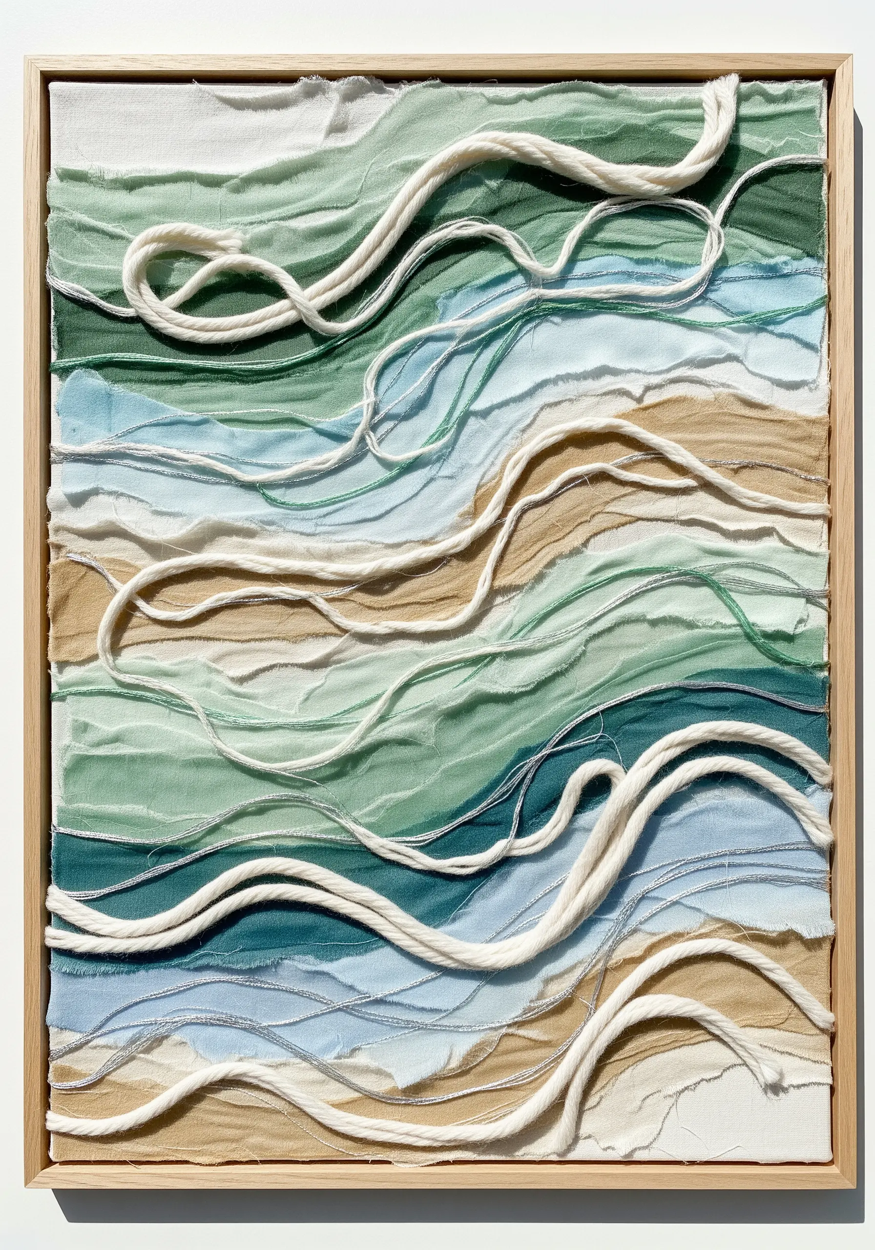 Abstract textile art with layers of green and blue fabric and thick white cord couched on top.