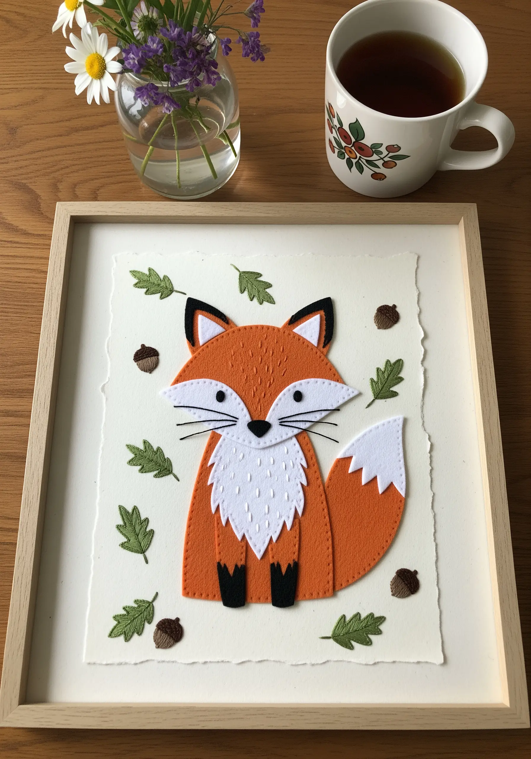 A fox made from layered felt with embroidered details, framed with stitched leaves.