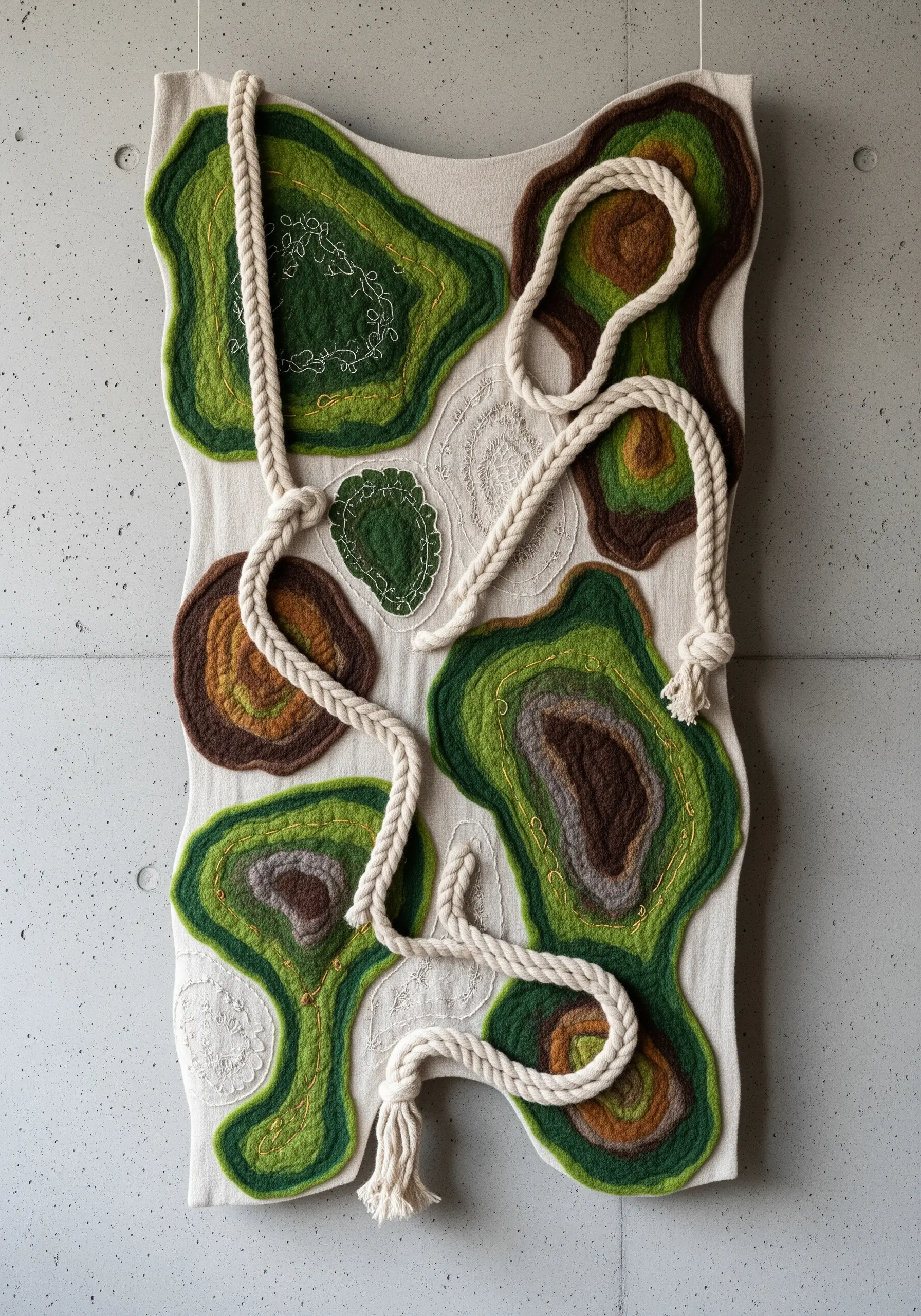 Abstract topographical wall art made with layered green felt, white rope, and fine embroidery.