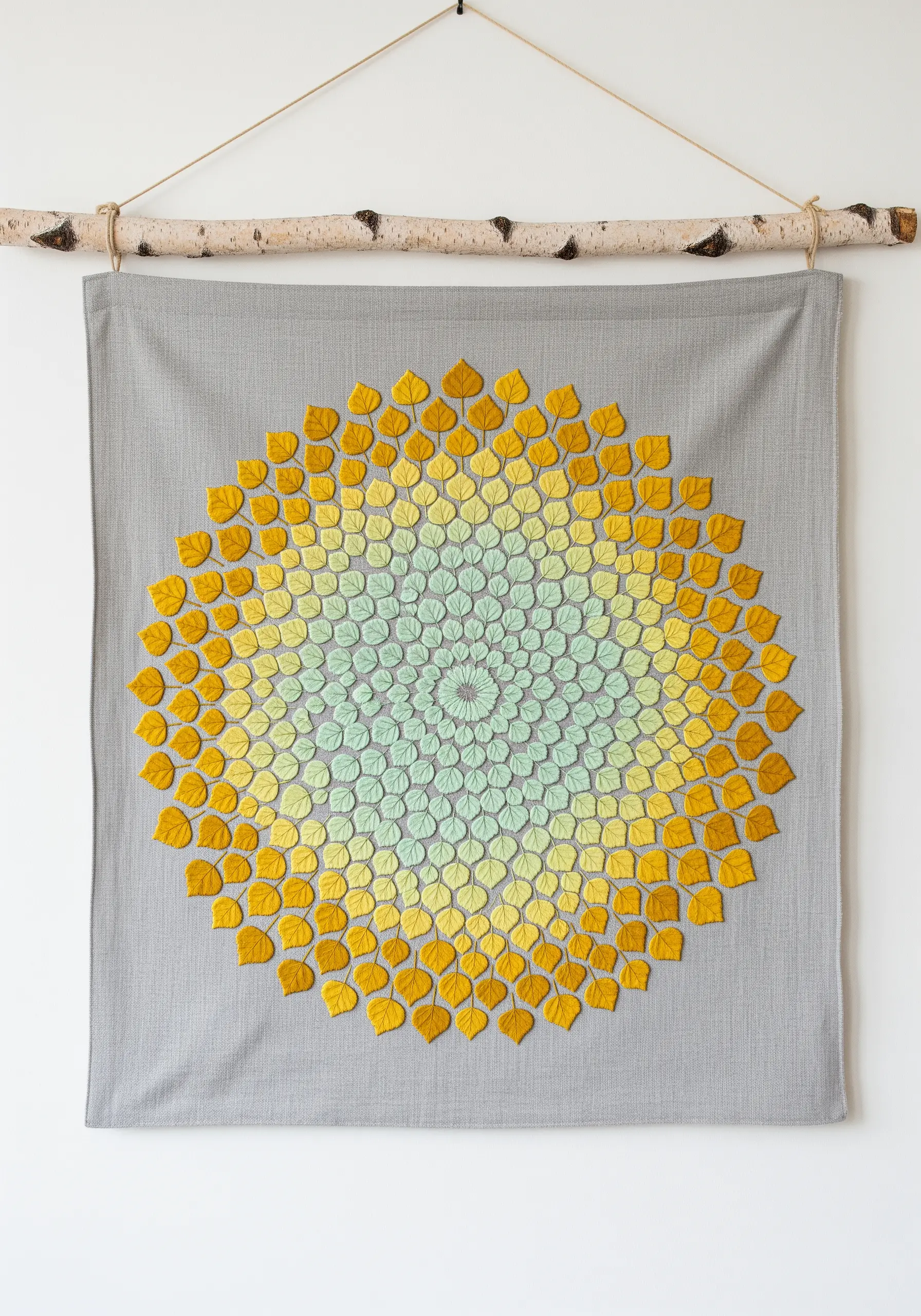 3D wall hanging with layered, embroidered fabric leaves forming a yellow-green gradient mandala.