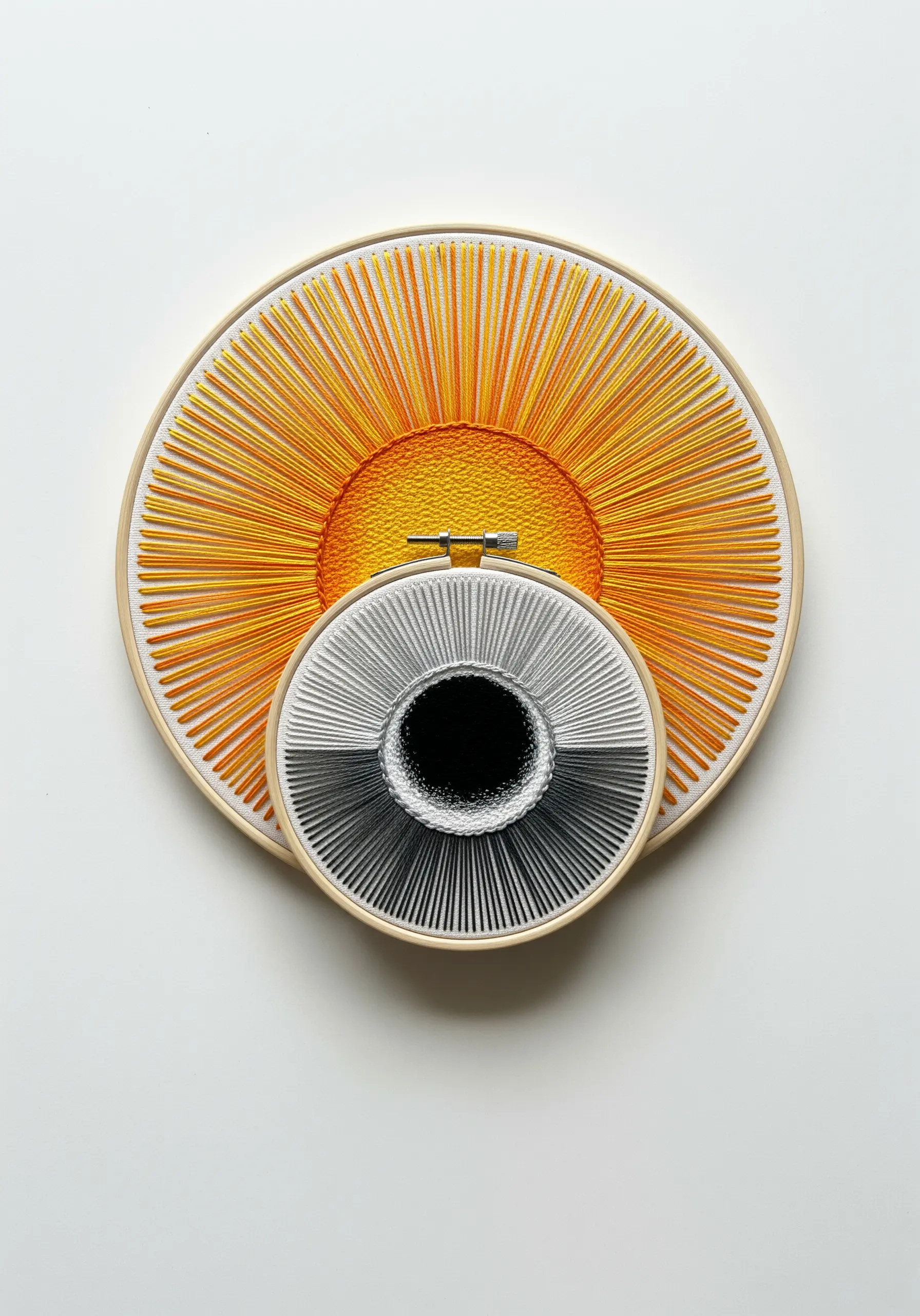 Two layered embroidery hoops, a large one with a yellow sun and a smaller one with a black circle.