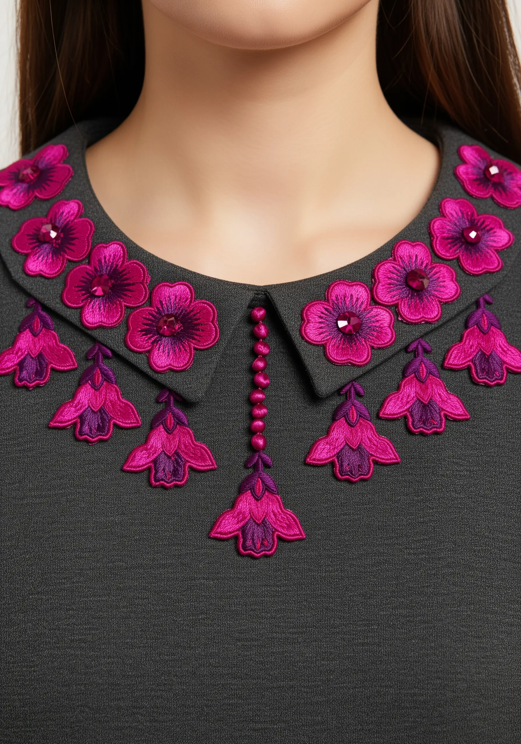 A dark grey collar decorated with layered magenta felt flowers, beads, and a dangling accent.