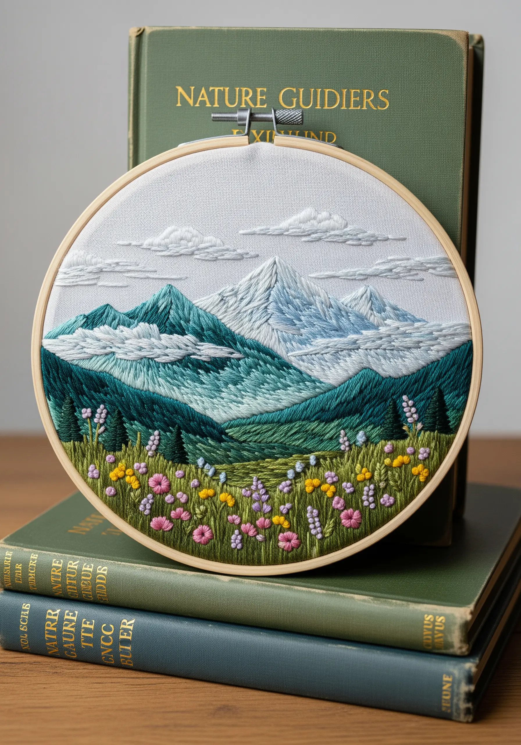 Mountain landscape embroidery with wildflowers in the foreground