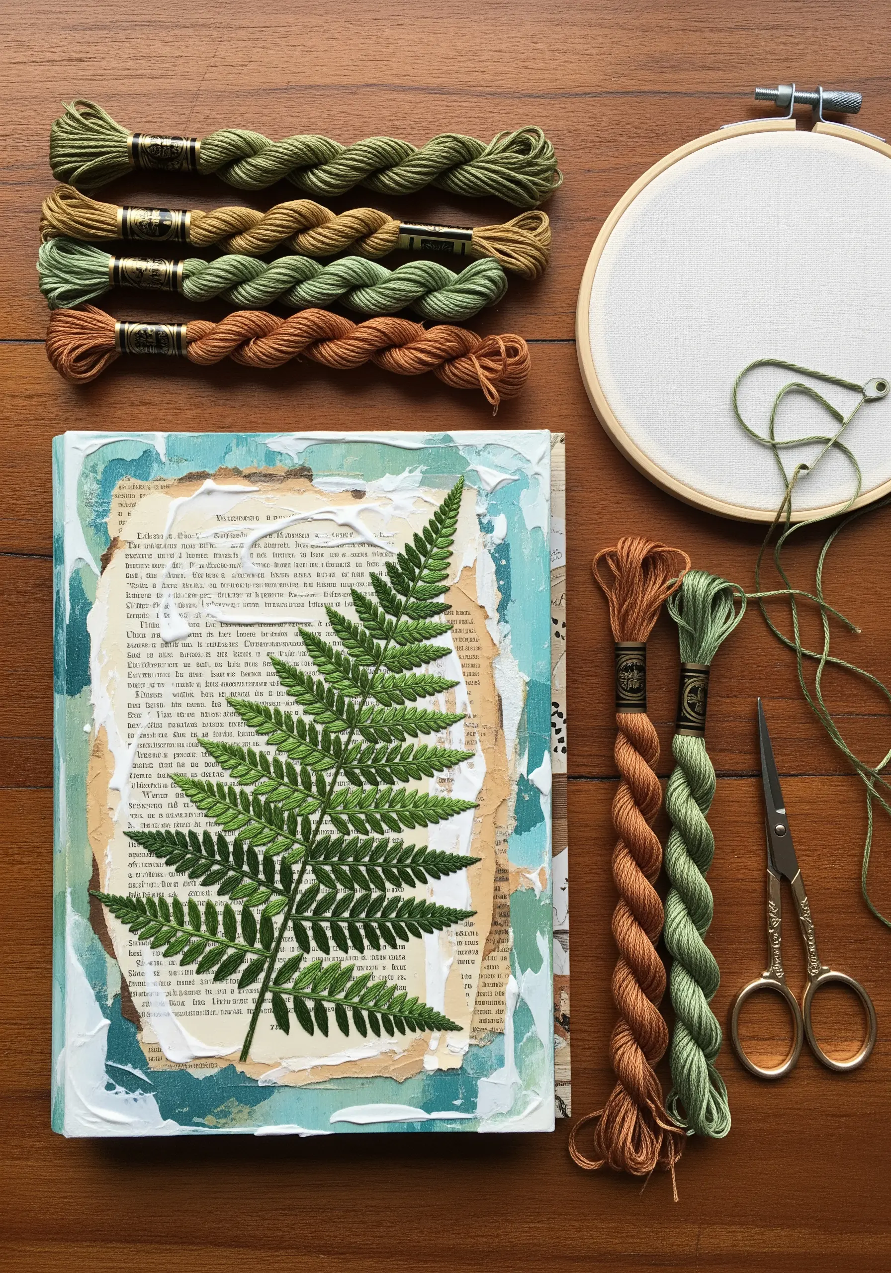 Embroidered green fern on a mixed-media collage of torn book pages and paint.