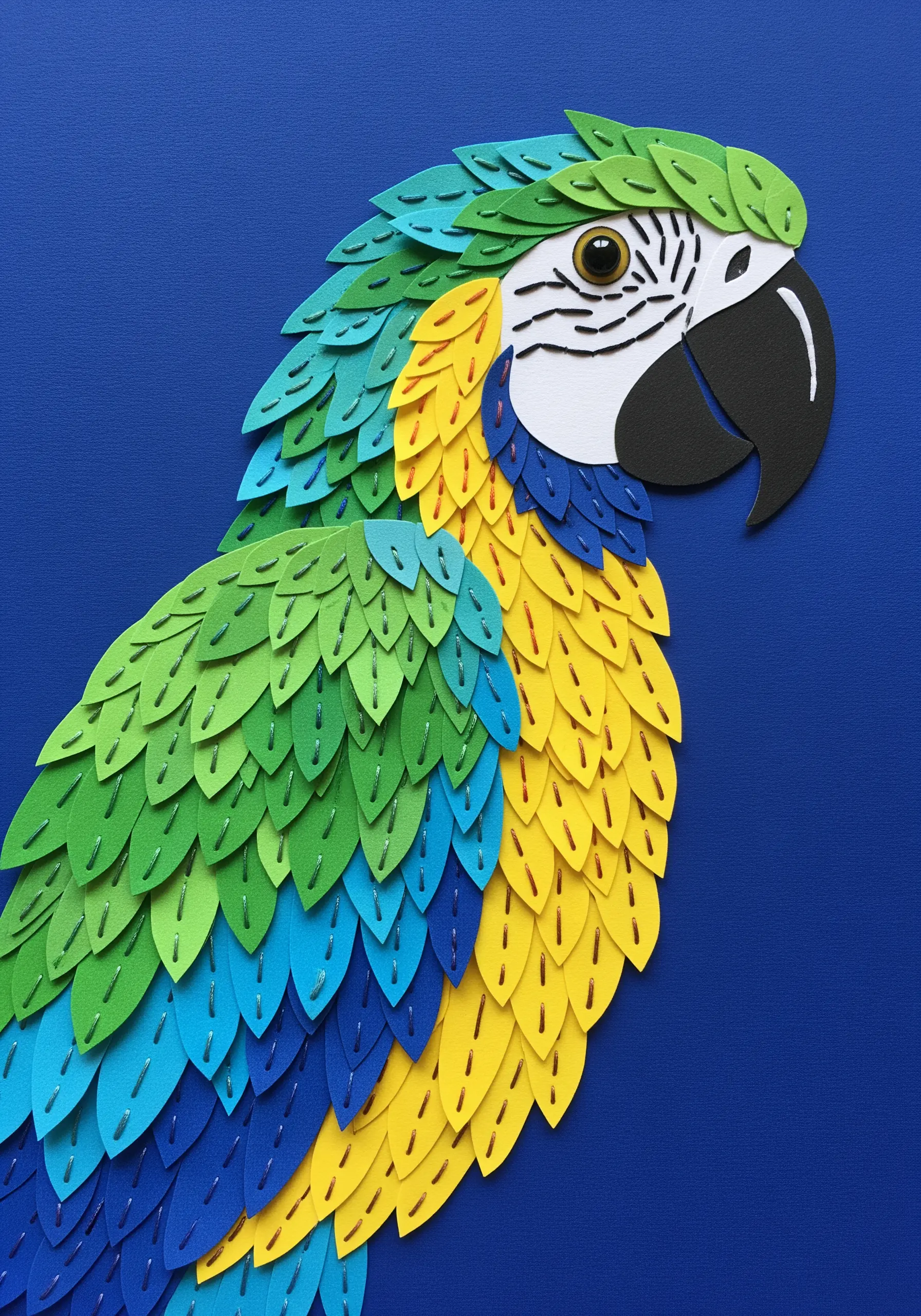 A parrot made from layered paper cutouts in shades of green, blue, and yellow with stitch details.