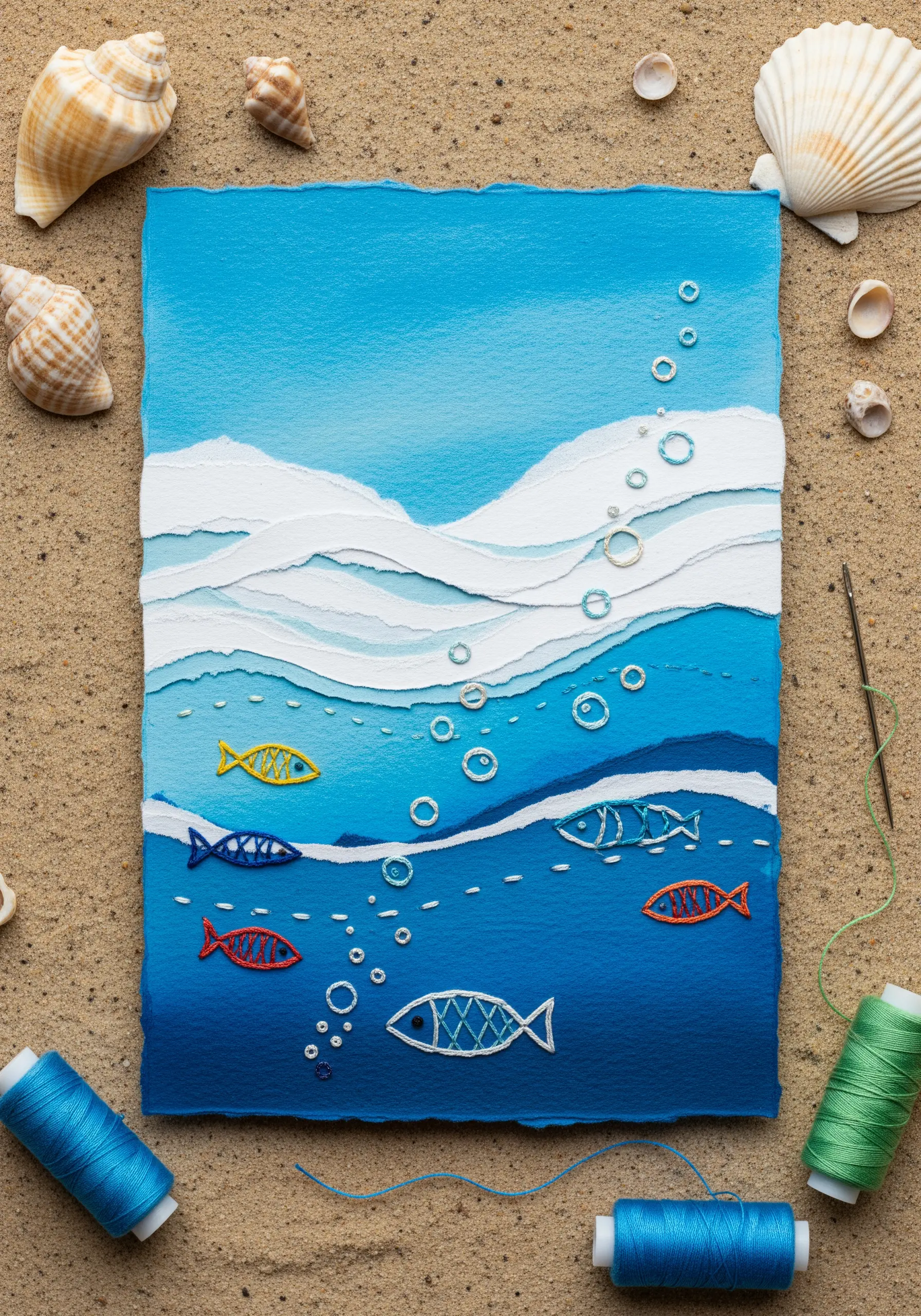 A layered paper seascape in shades of blue, with small embroidered fish and bubbles.