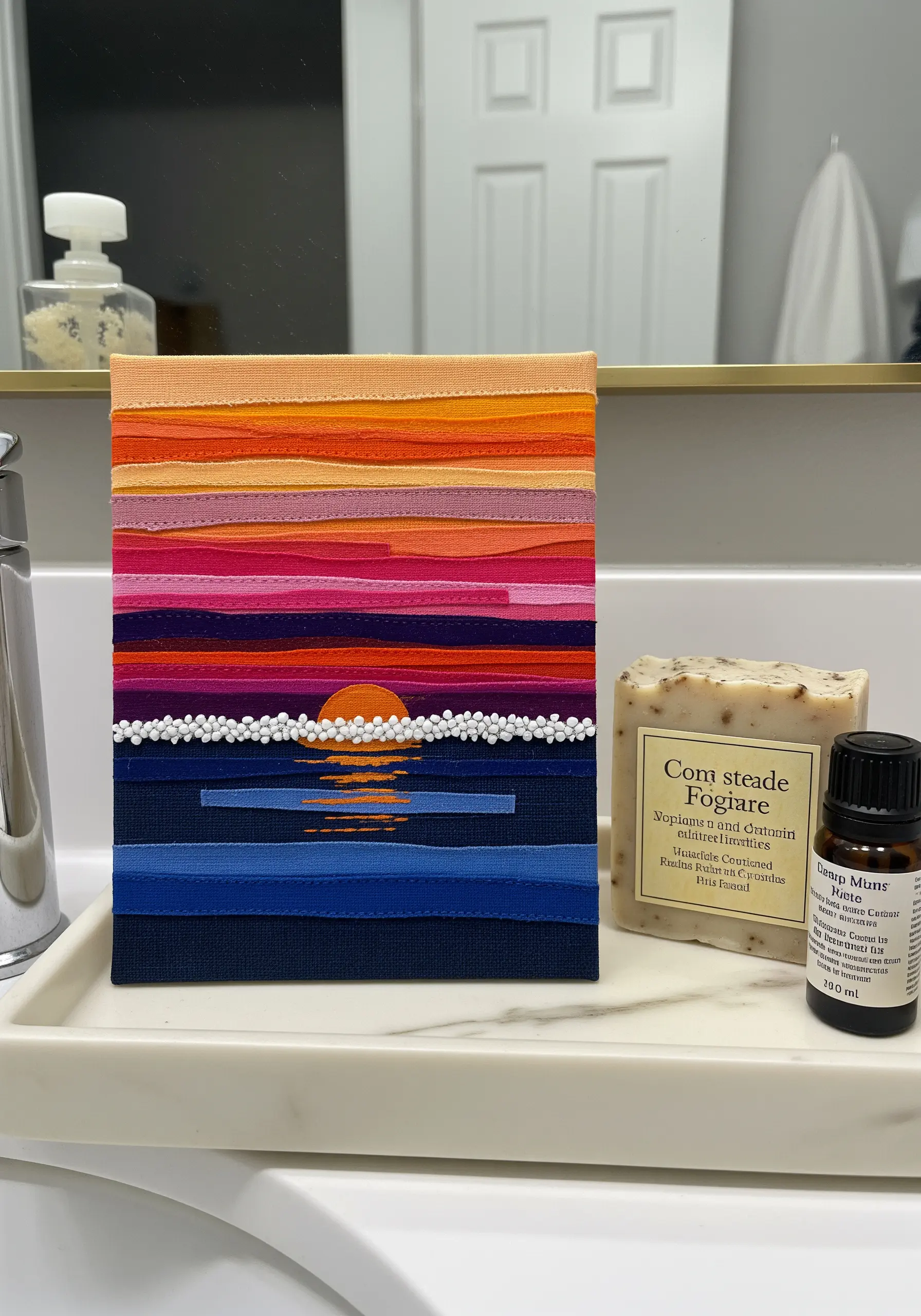 A sunset scene made from layered strips of colored fabric, with a beaded horizon line.