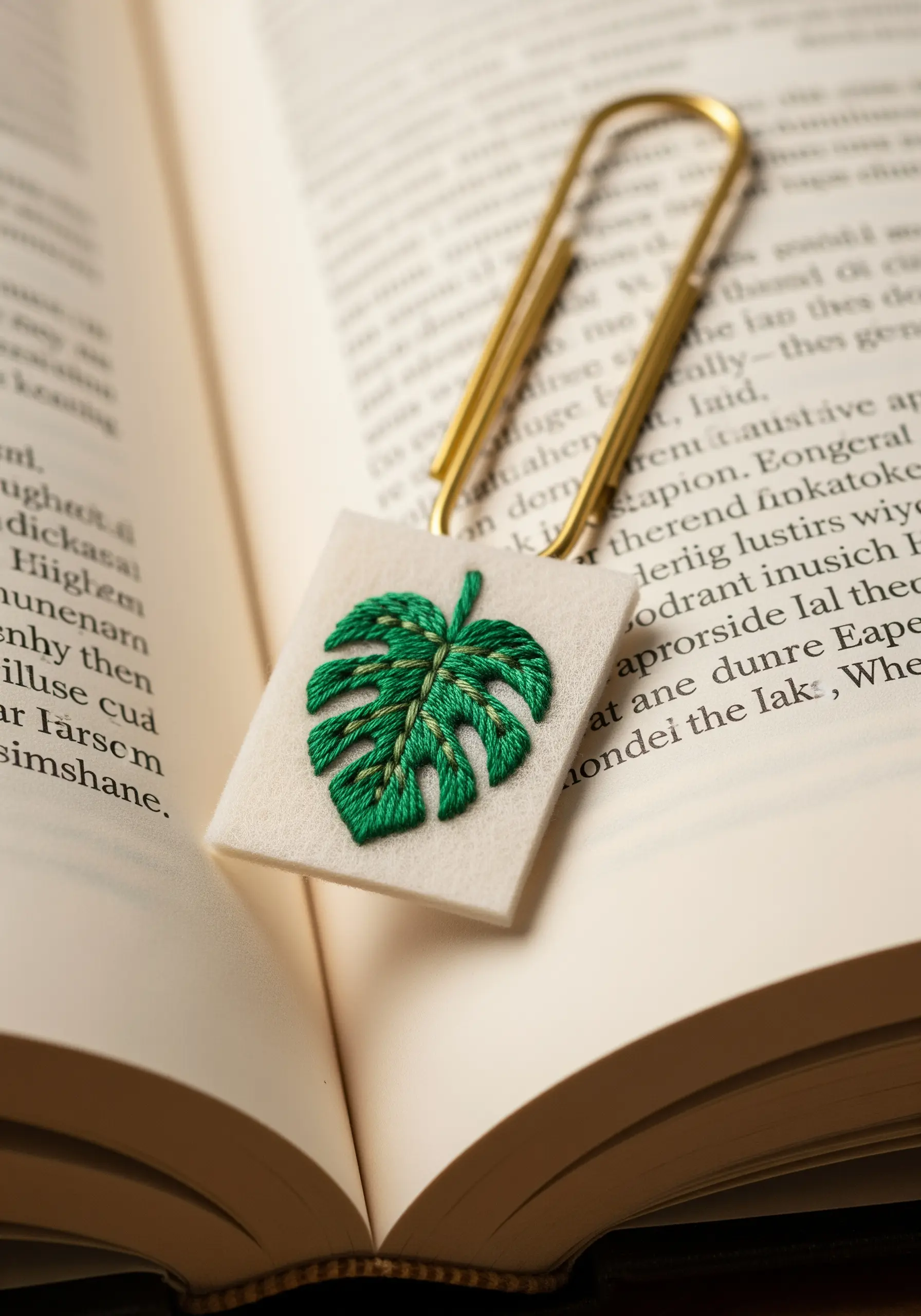 A detailed monstera leaf embroidered with two shades of green on a felt bookmark.