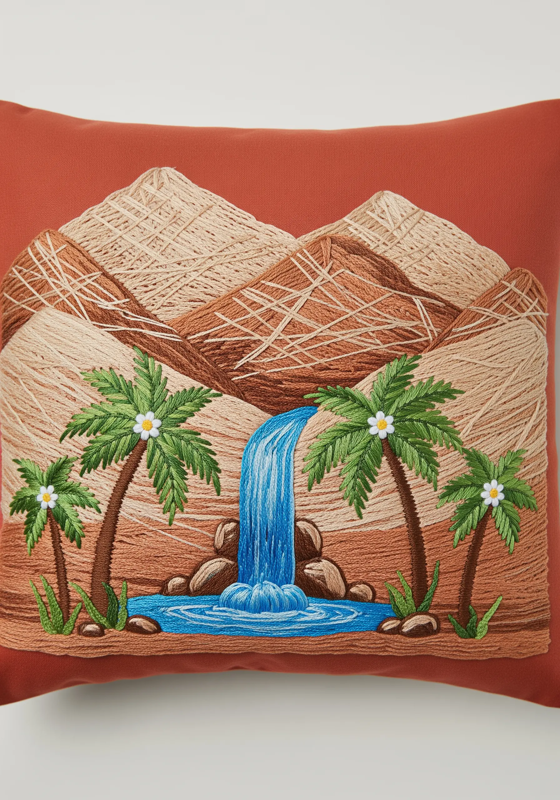 Stylized tropical landscape embroidery with layered straight stitches for the mountains.