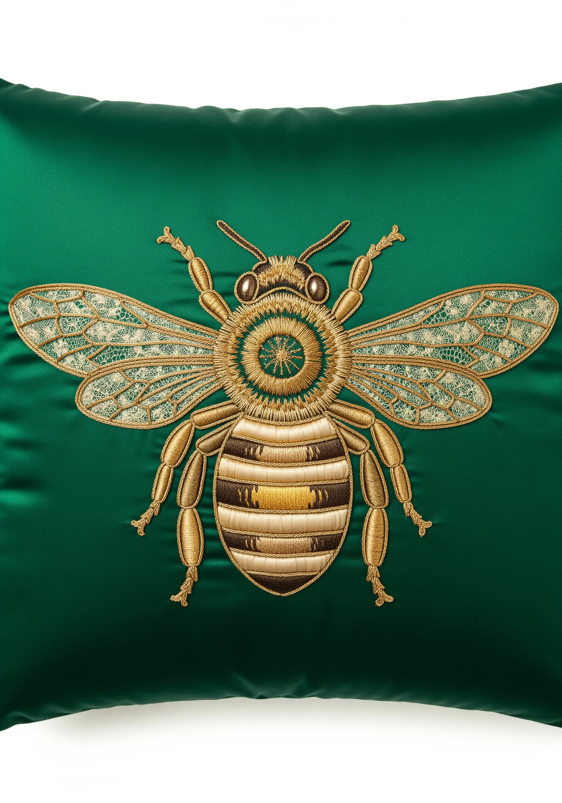 Detailed bee embroidery with gold thread and lace appliqué wings.