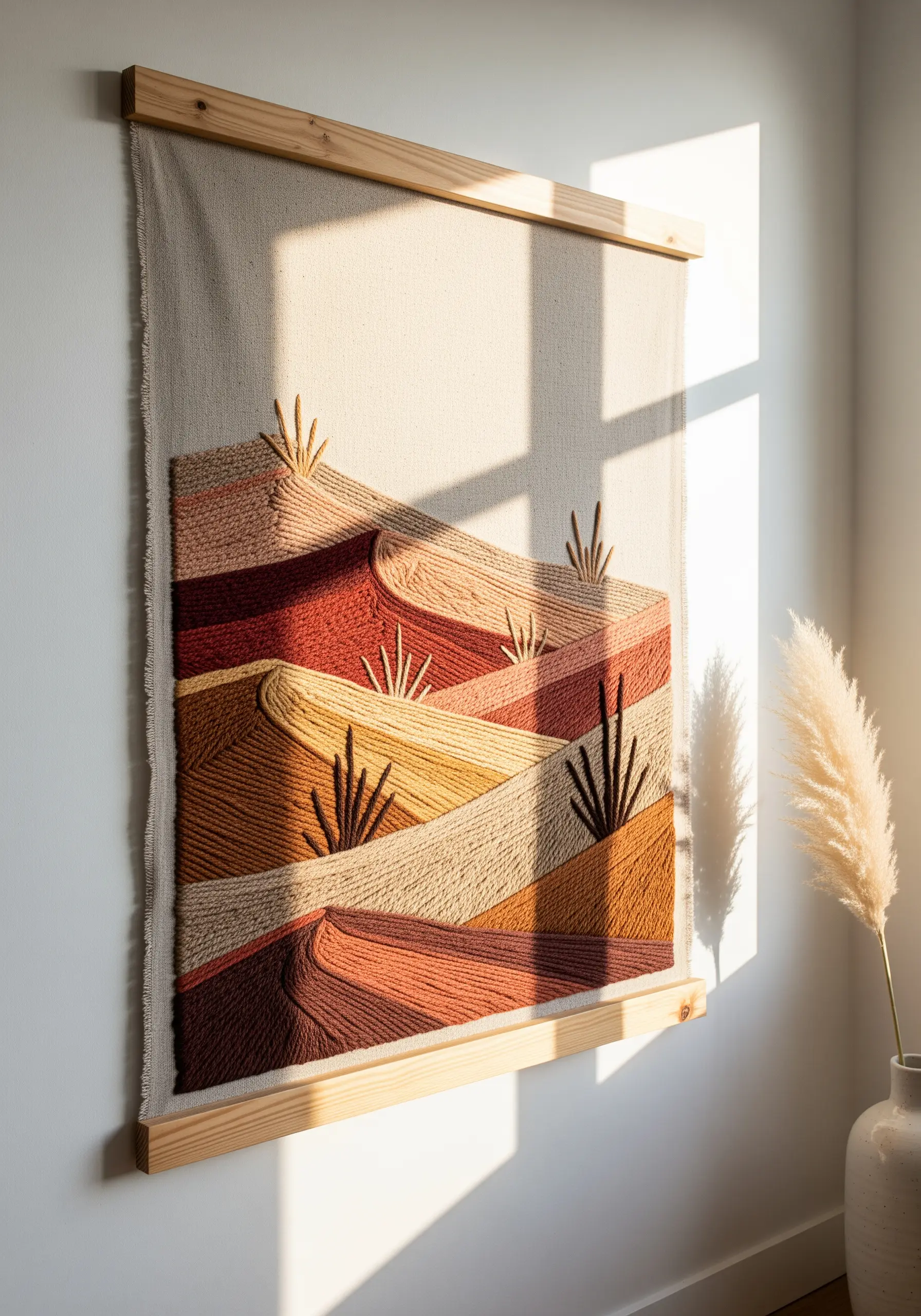 Textured wall hanging with layered yarn depicting abstract, earth-tone hills.