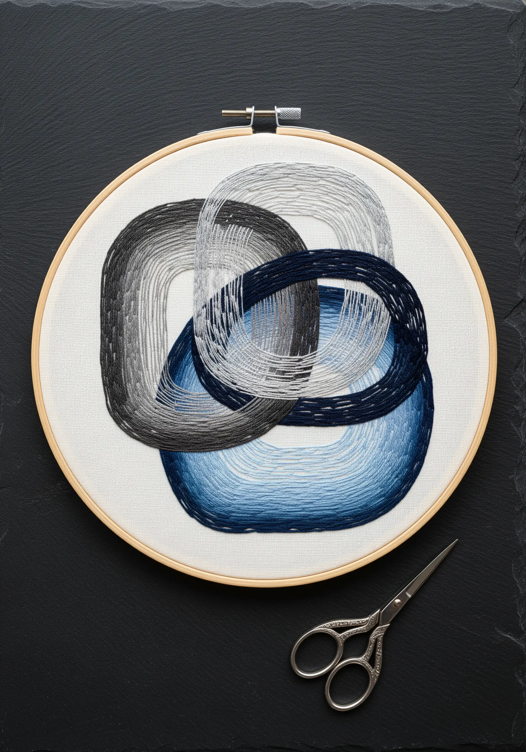 Abstract interlocking shapes filled with linear gradient stitching in blue, grey, and white.