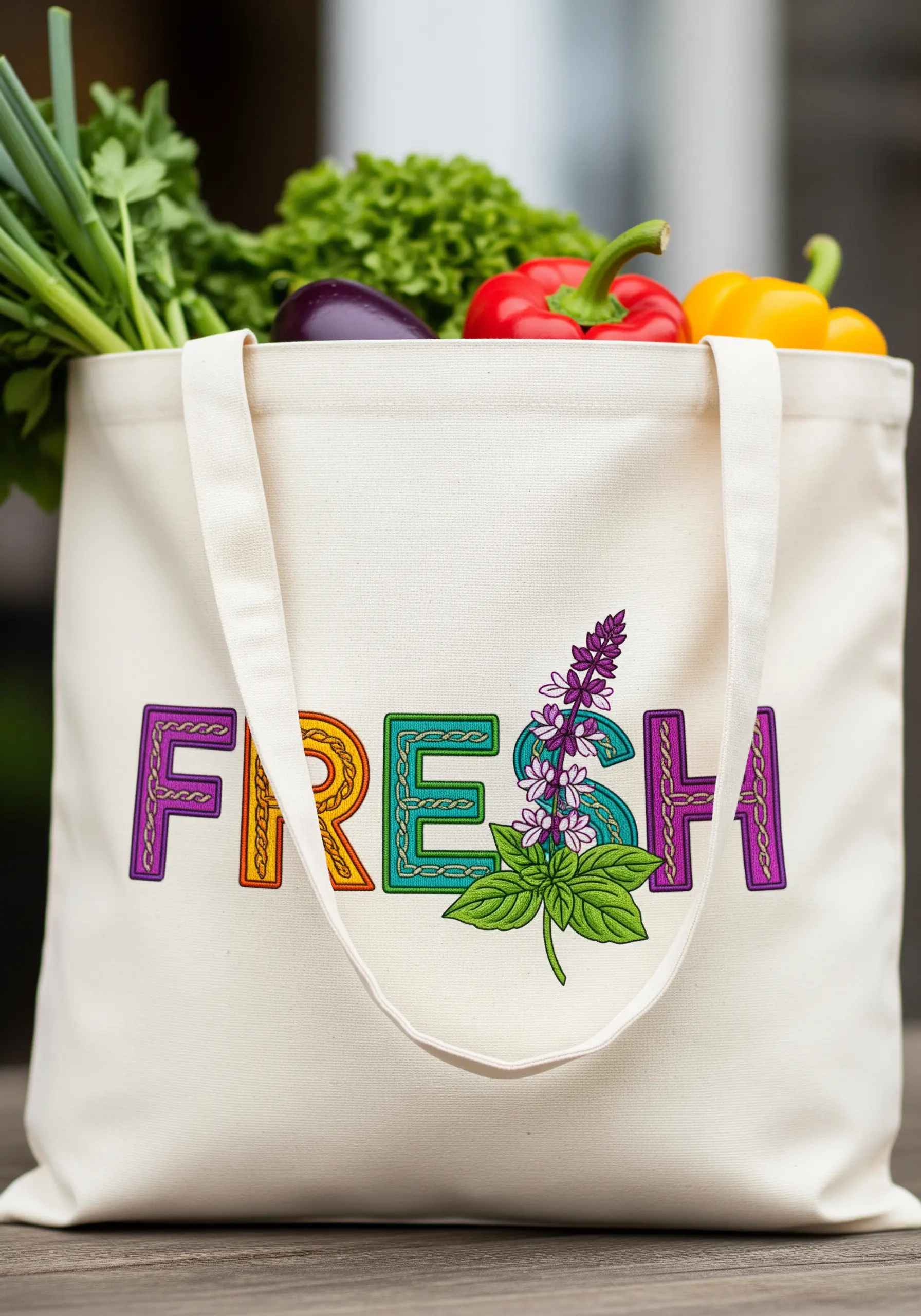 The word 'FRESH' embroidered on a tote bag, with a basil sprig layered over the letters.