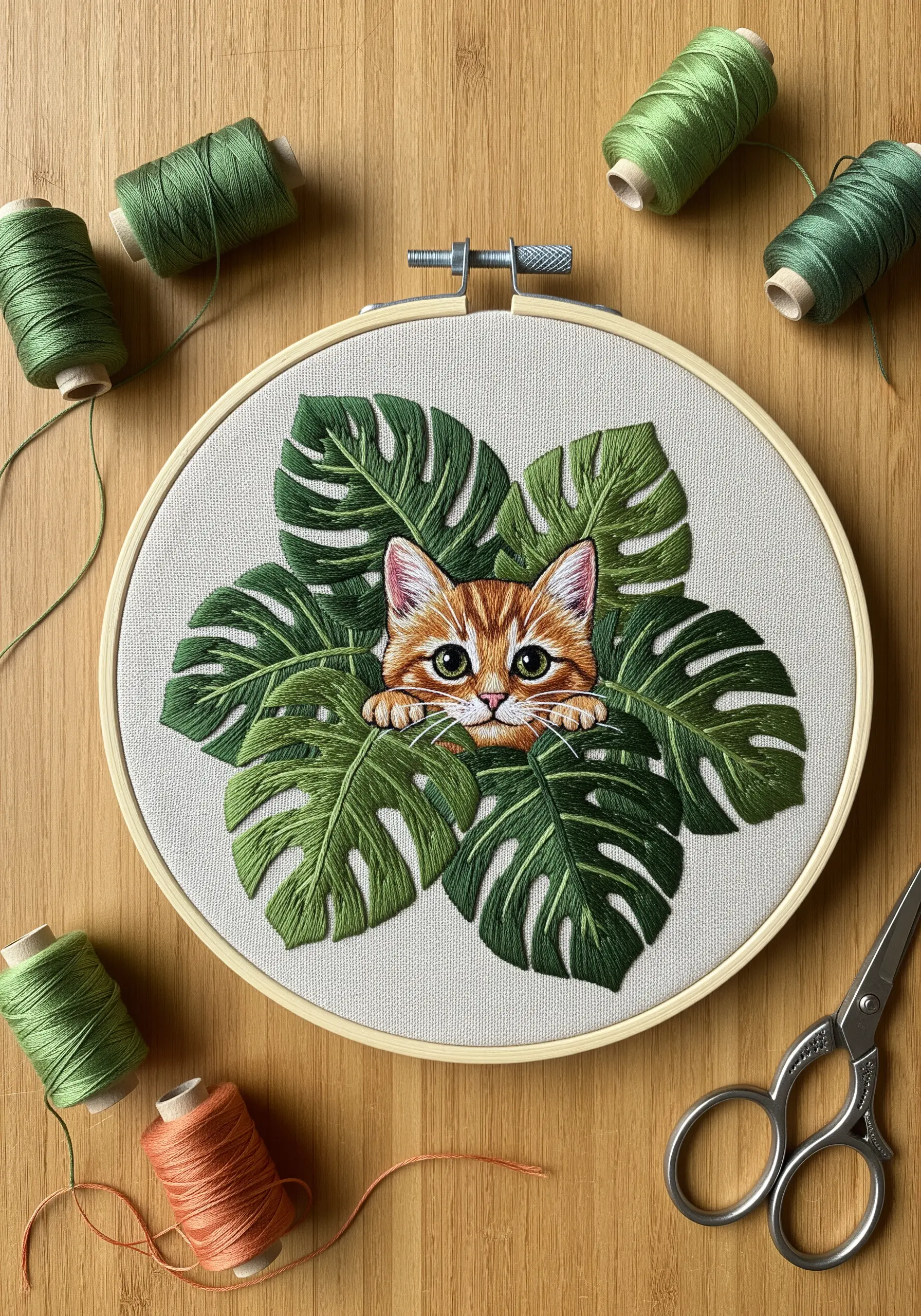 Ginger cat embroidered with layered satin stitch Monstera leaves in a hoop.
