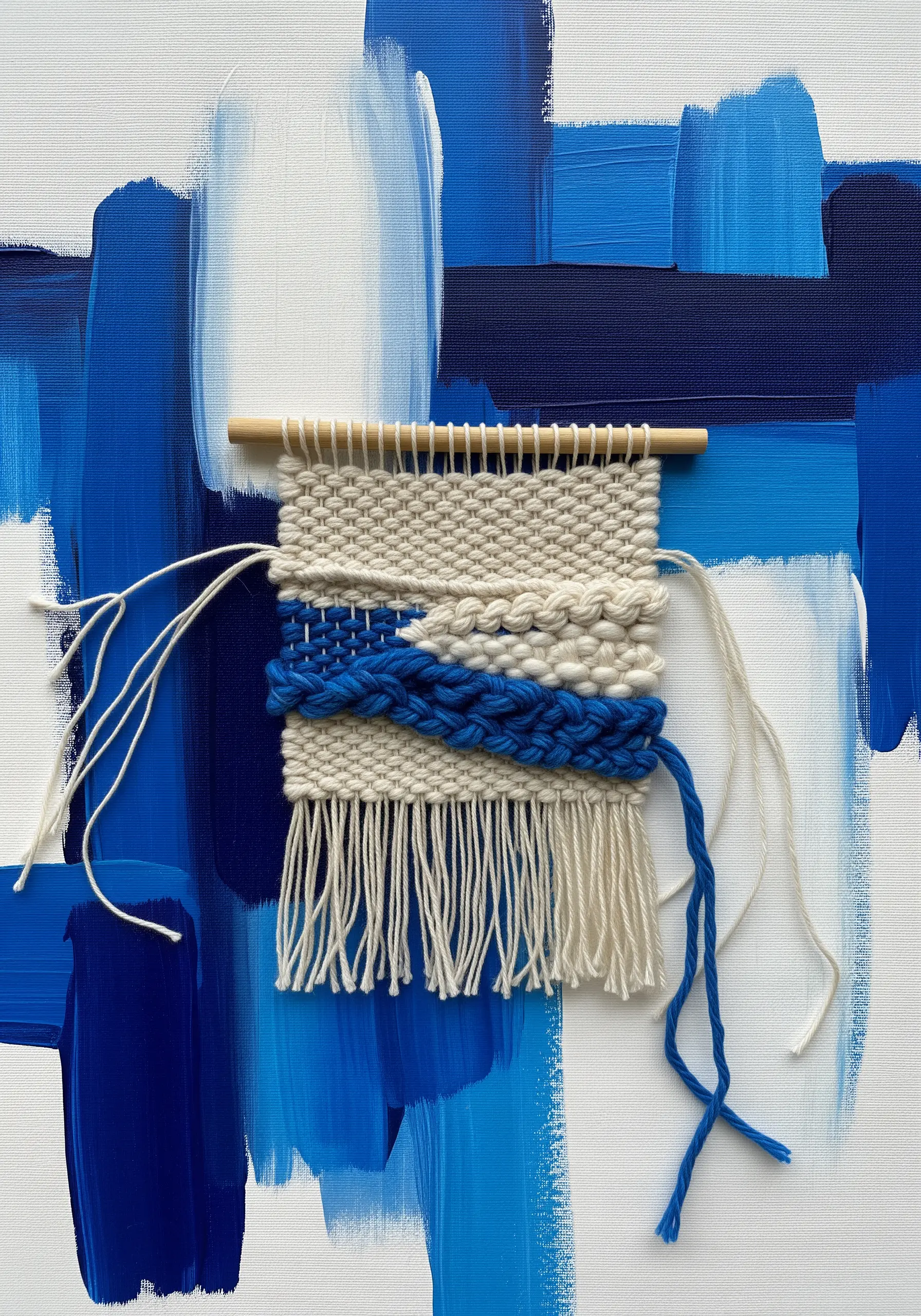 A small, textural weaving with blue and white yarn mounted on an abstract blue painted canvas.
