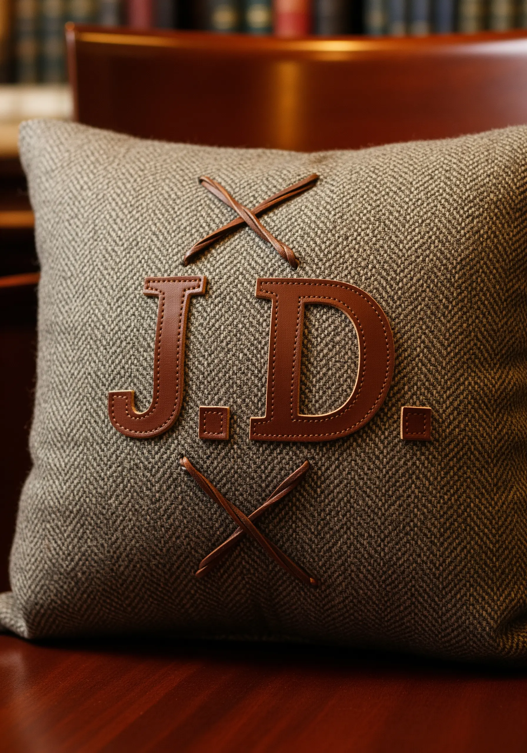 Herringbone tweed pillow with leather letter J.D. applique