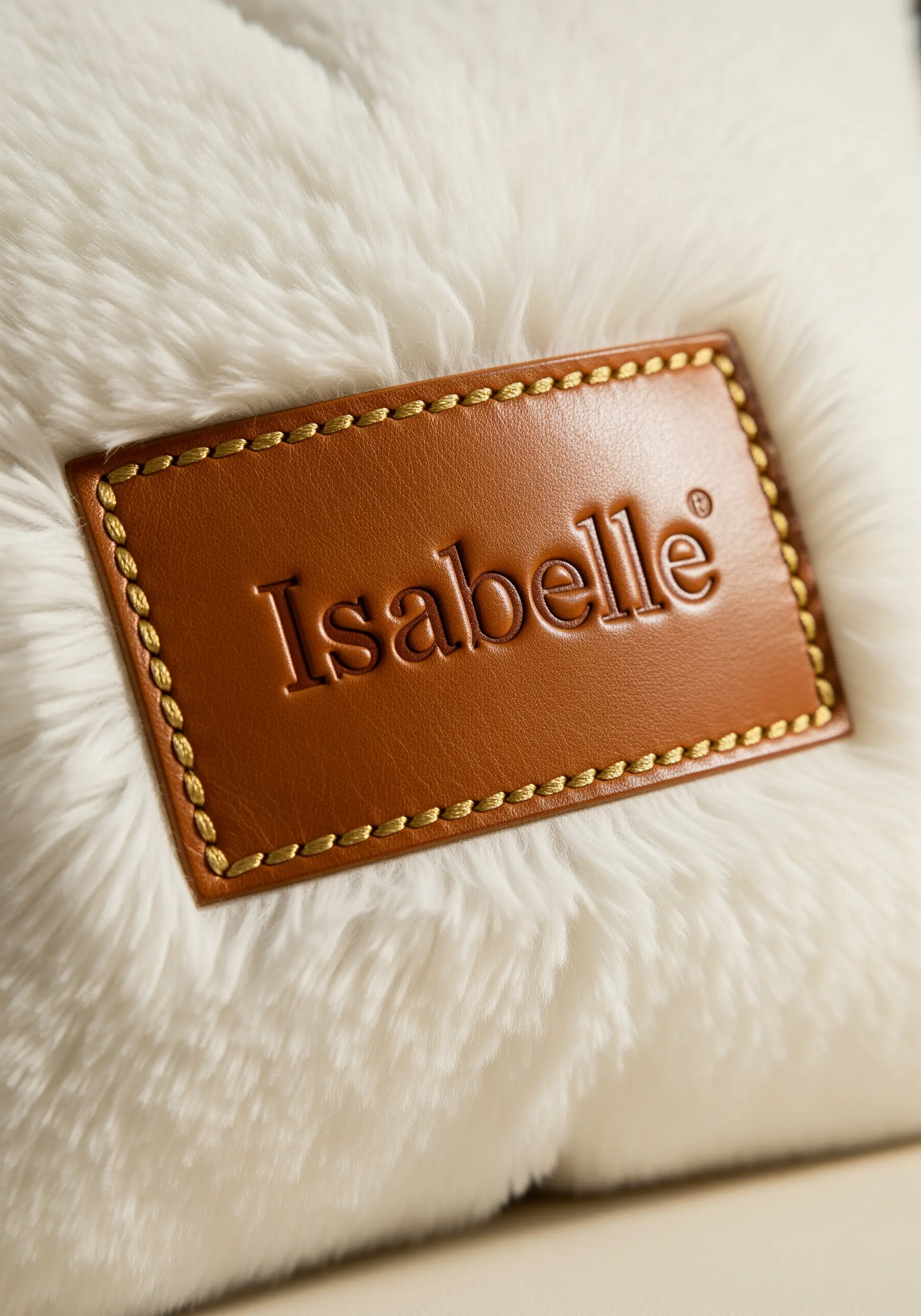 White faux fur pillow with brown leather patch embroidered Isabelle