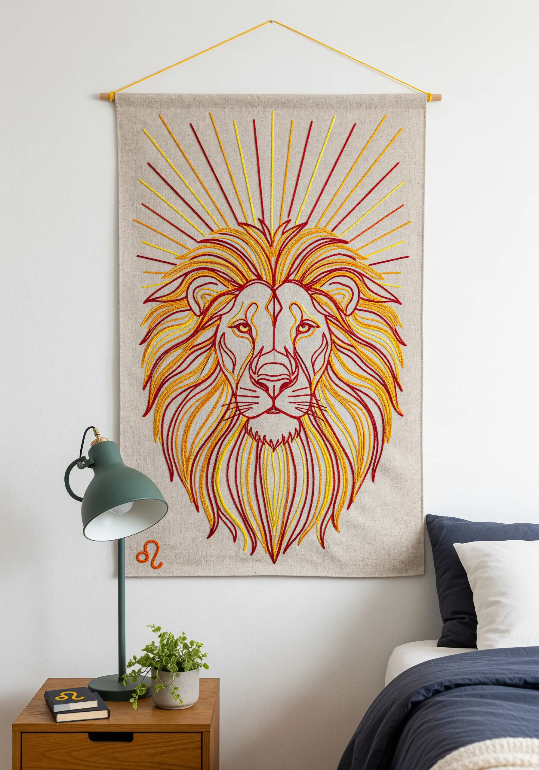 A large embroidered wall hanging of a Leo lion with a fiery, multi-toned mane.
