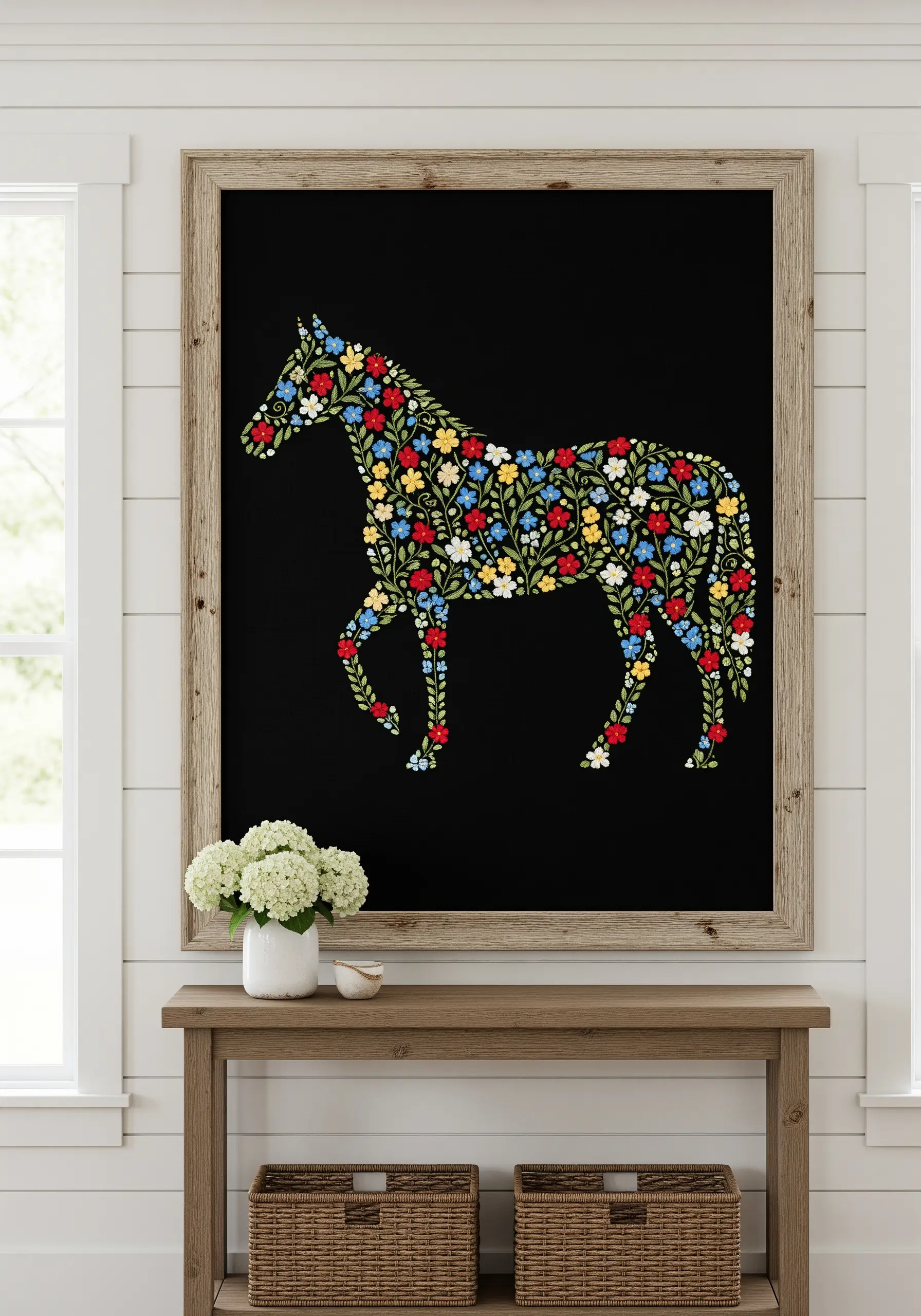 A horse silhouette on black fabric, entirely filled with tiny, colorful embroidered flowers.