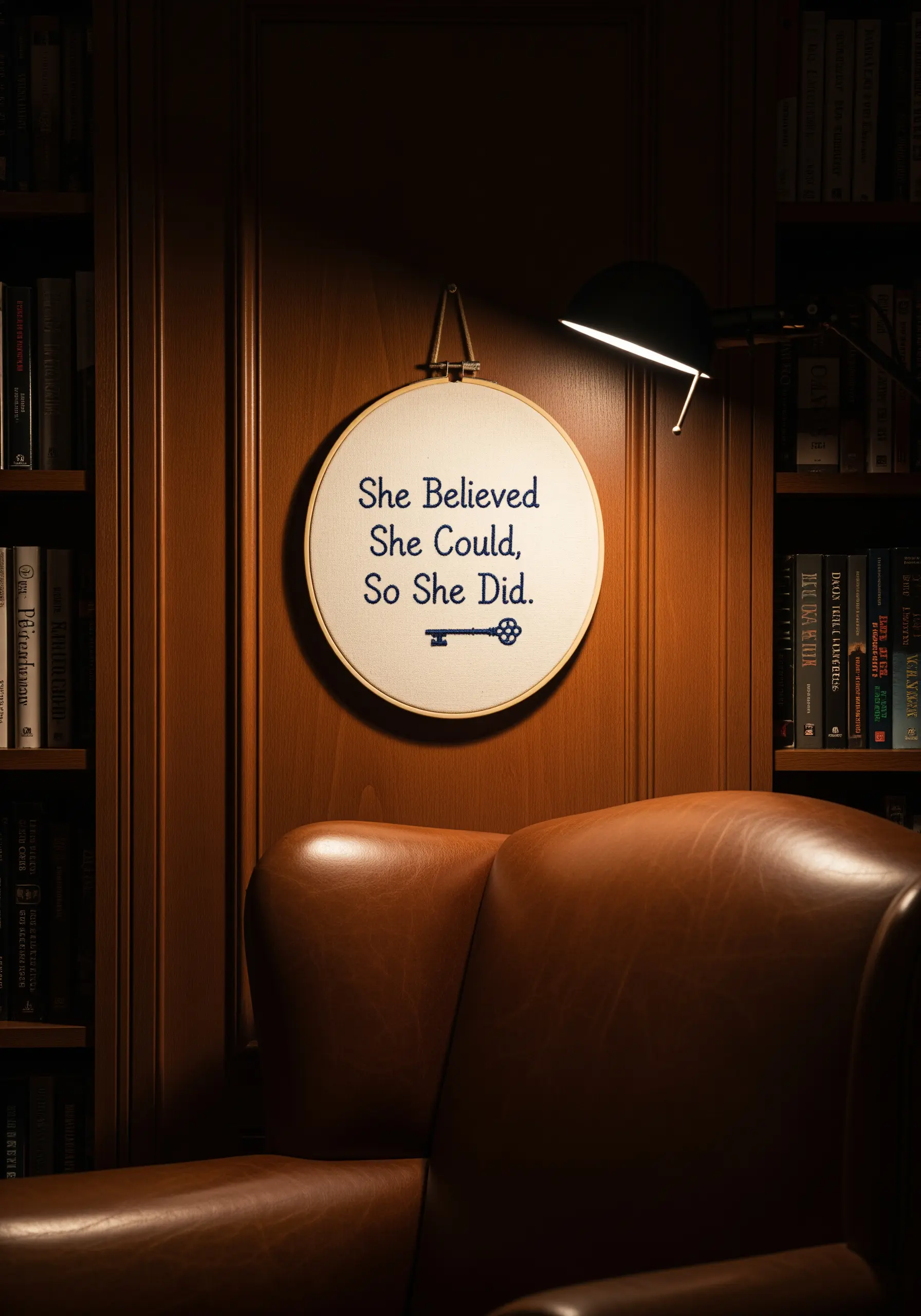 A simple, empowering quote stitched in dark blue thread on plain white fabric in a hoop.