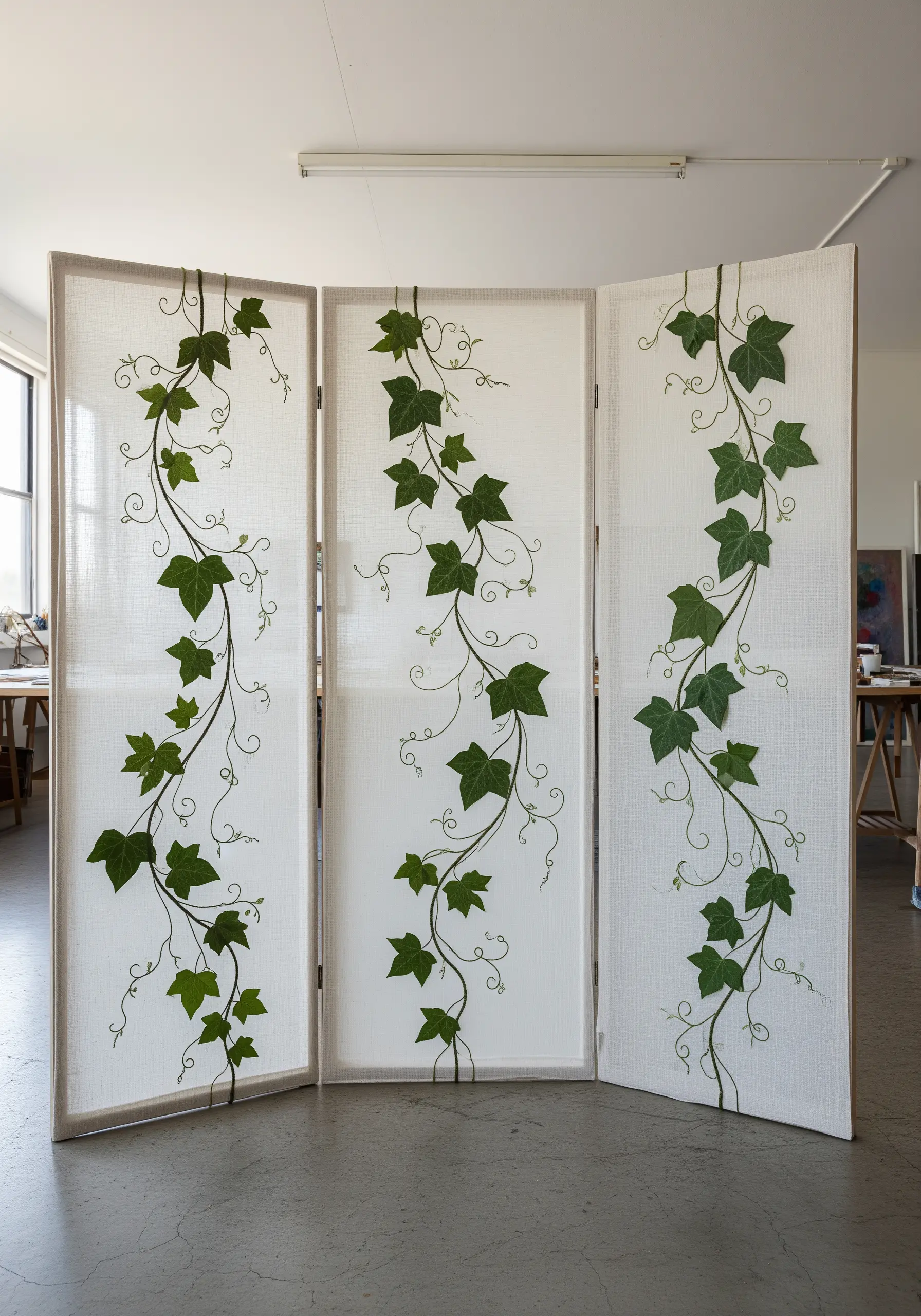 A three-panel room divider with pressed ivy leaves and embroidered green vines climbing each panel.