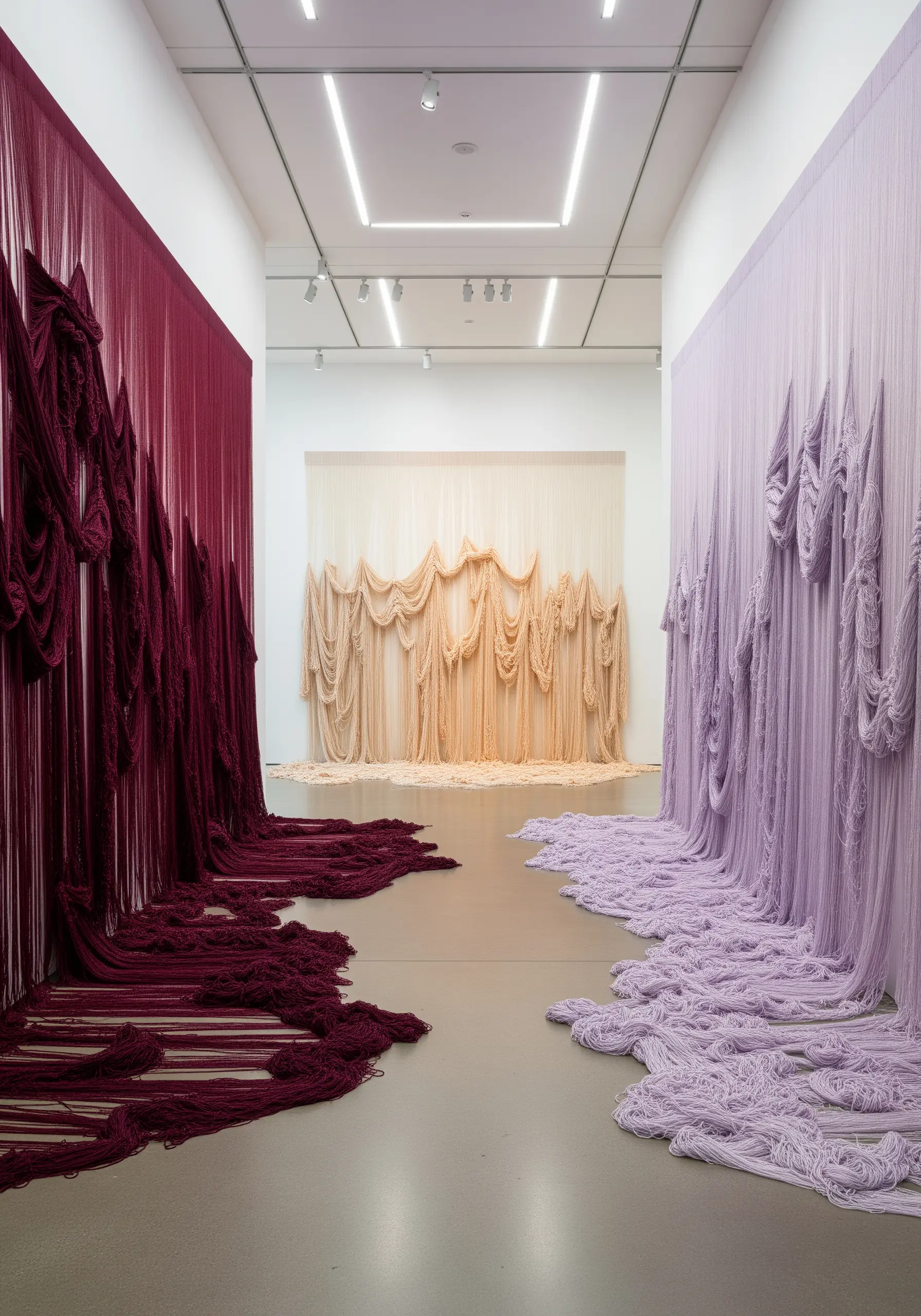 An installation of draped yarn in deep red and lilac flowing from walls to floor.