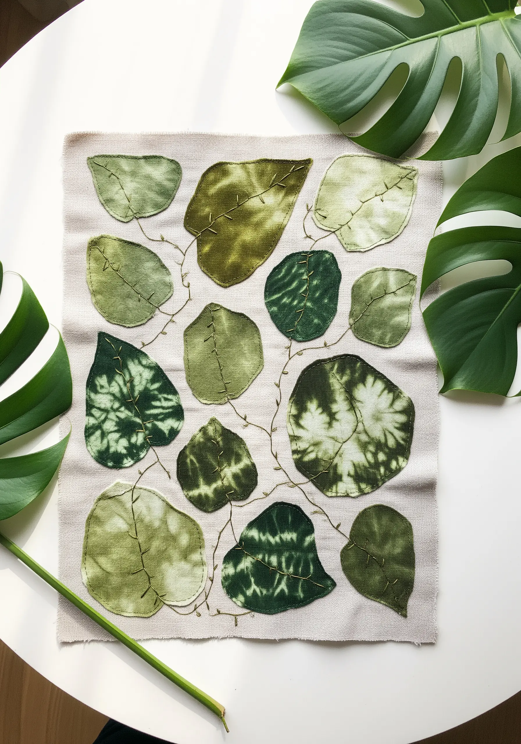 Appliqué leaves cut from green tie-dyed fabric stitched onto a neutral linen base to create a vine.