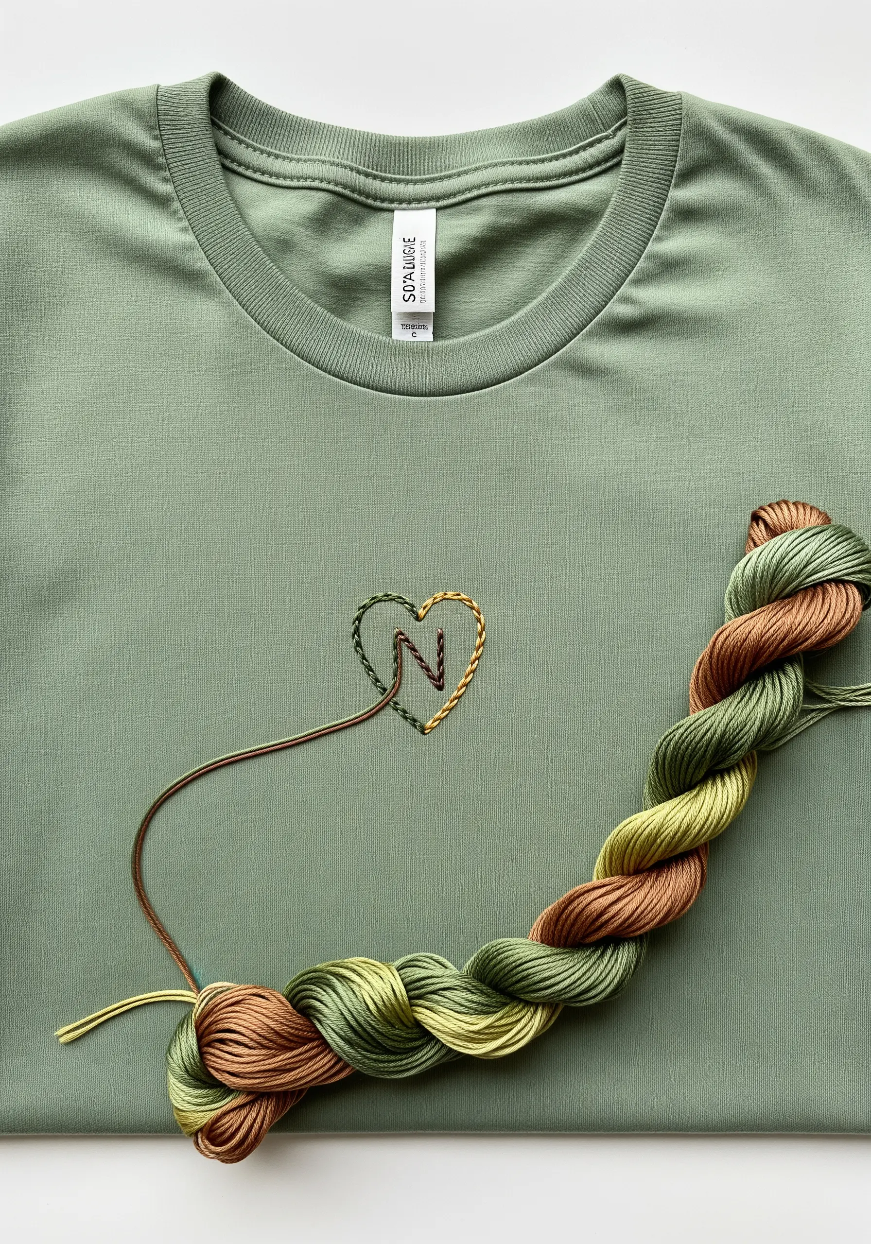 A heart embroidered with variegated green and brown thread, with the letter 'N' inside.