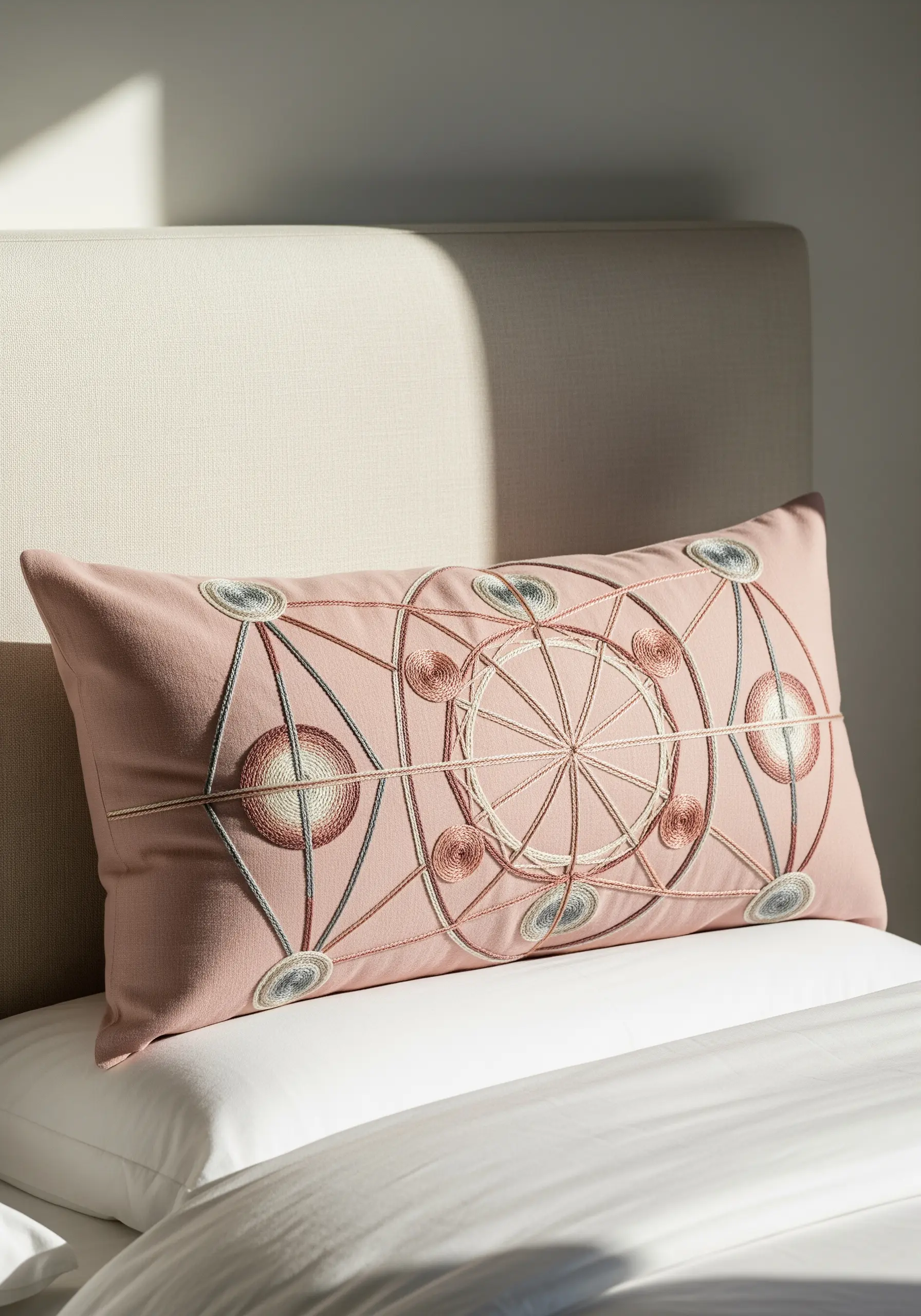 A pink rectangular cushion with an abstract geometric embroidery design inspired by Libra.