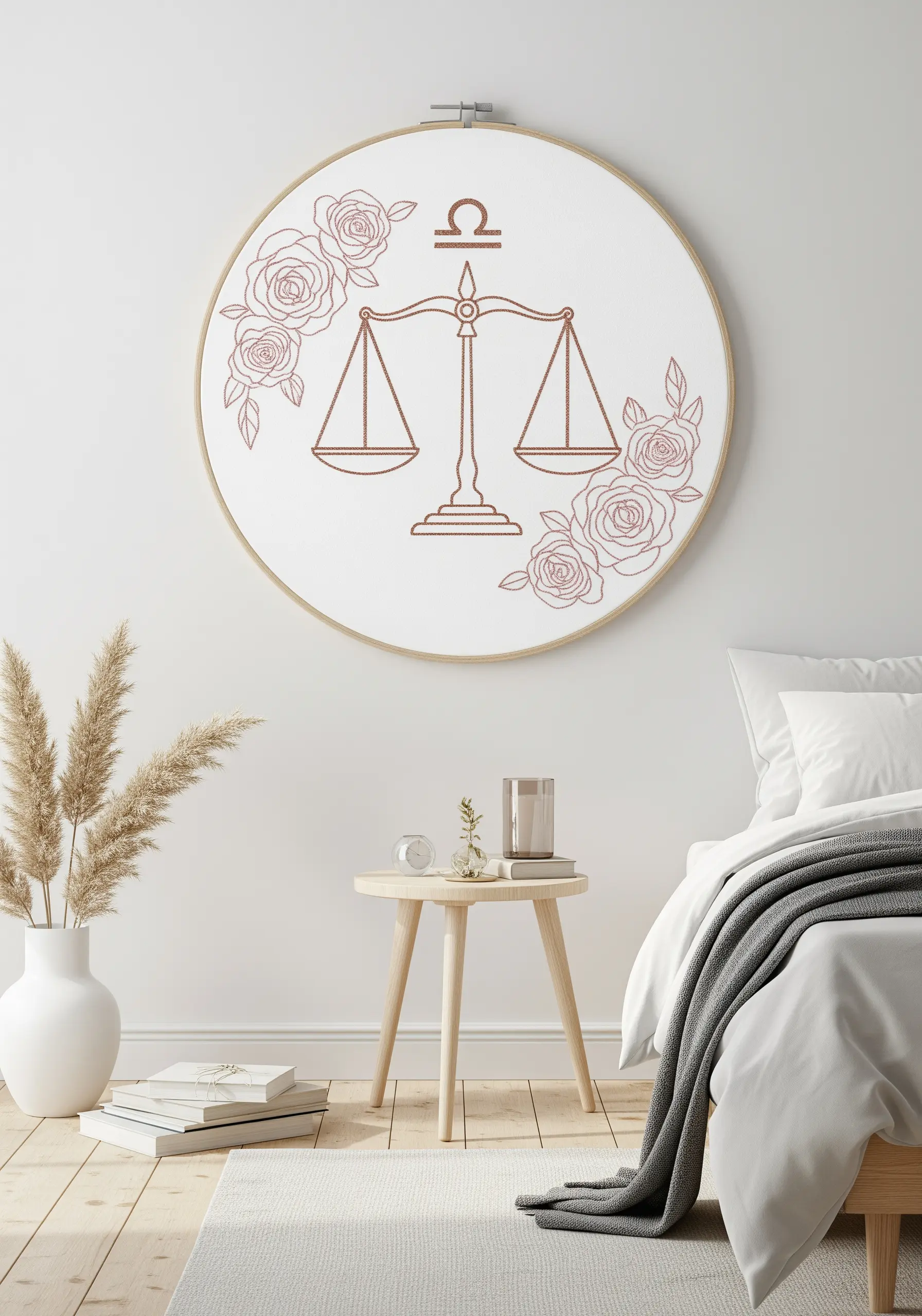 Minimalist Libra scales and rose outlines embroidered in a single color on white fabric.