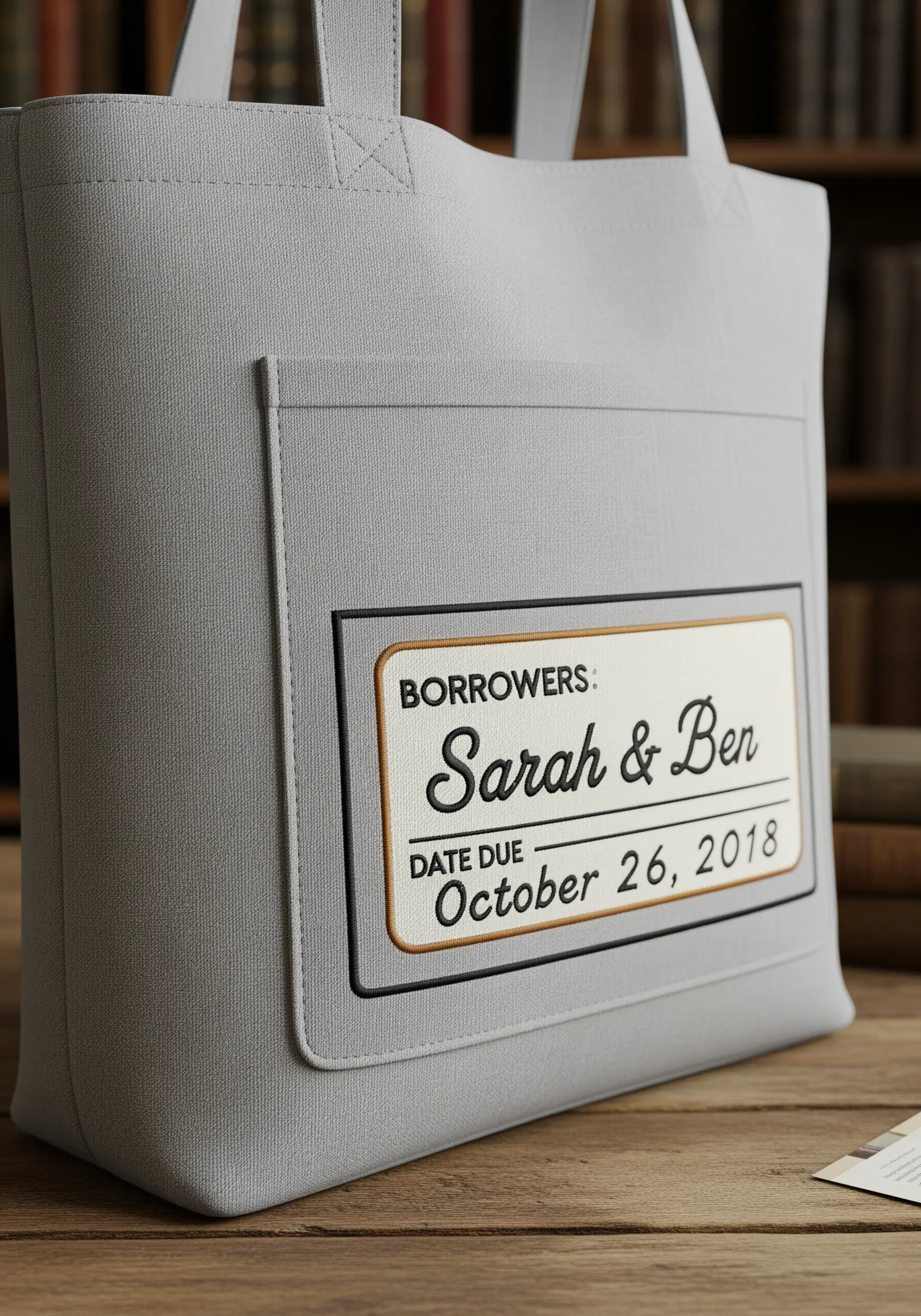 An embroidered library checkout card with personalized names and a date, stitched on a tote bag pocket.
